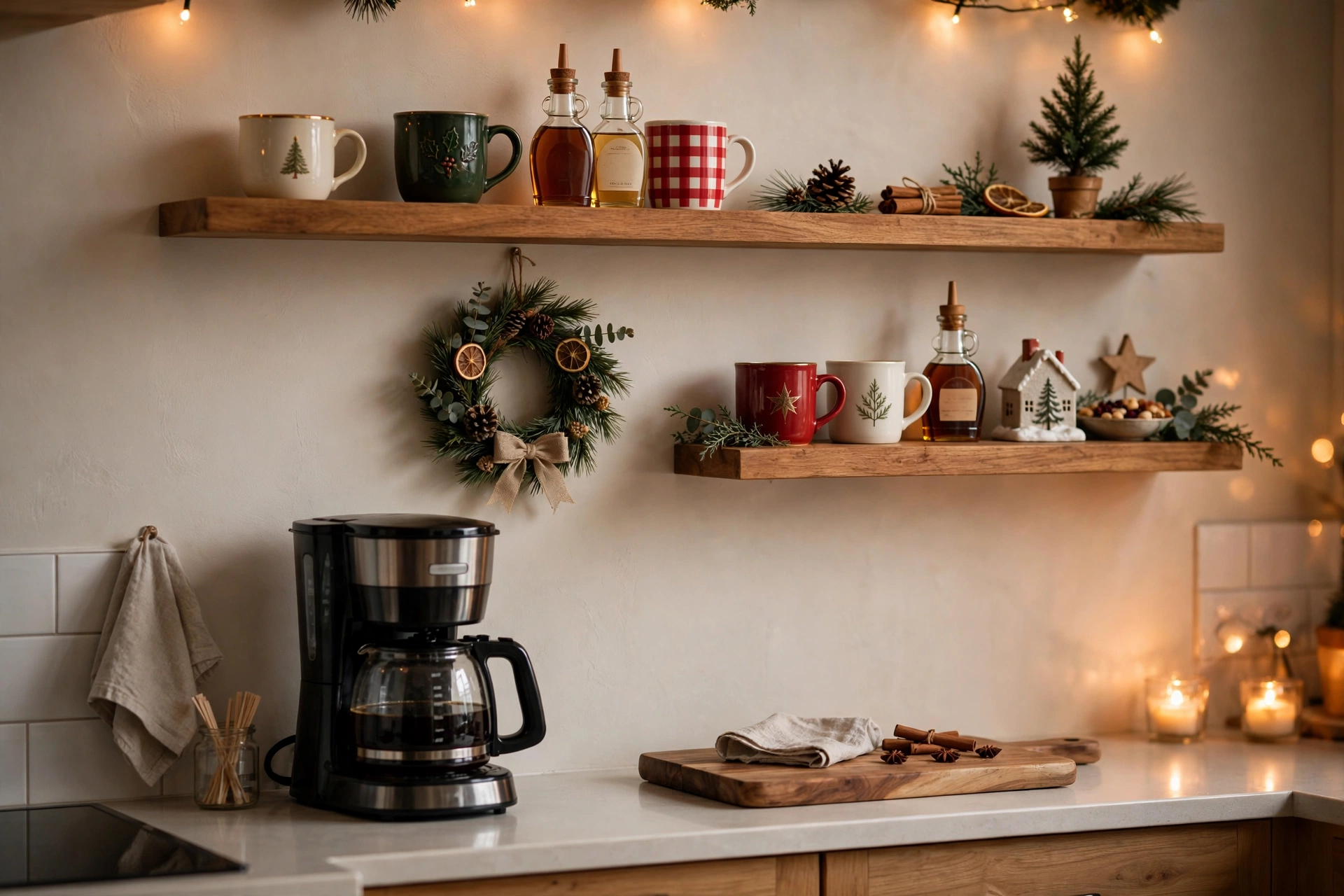 Floating shelves above coffee maker with mugs, syrups and wreath