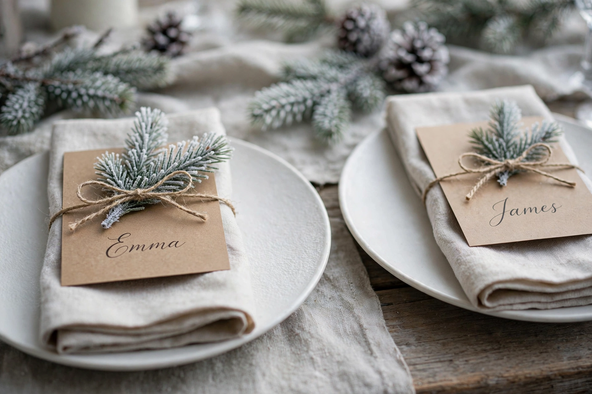 Frosted evergreen sprig place cards tied with twine on a table