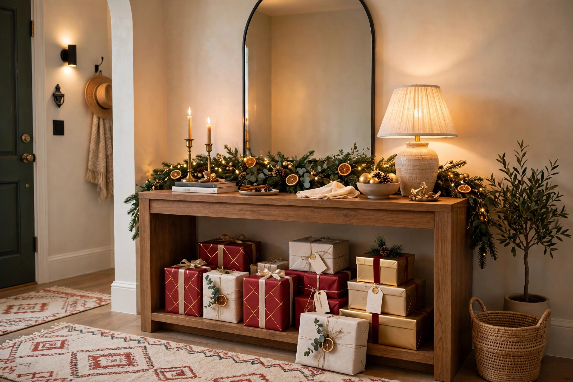 Wrapped gift boxes stacked under an entryway console table