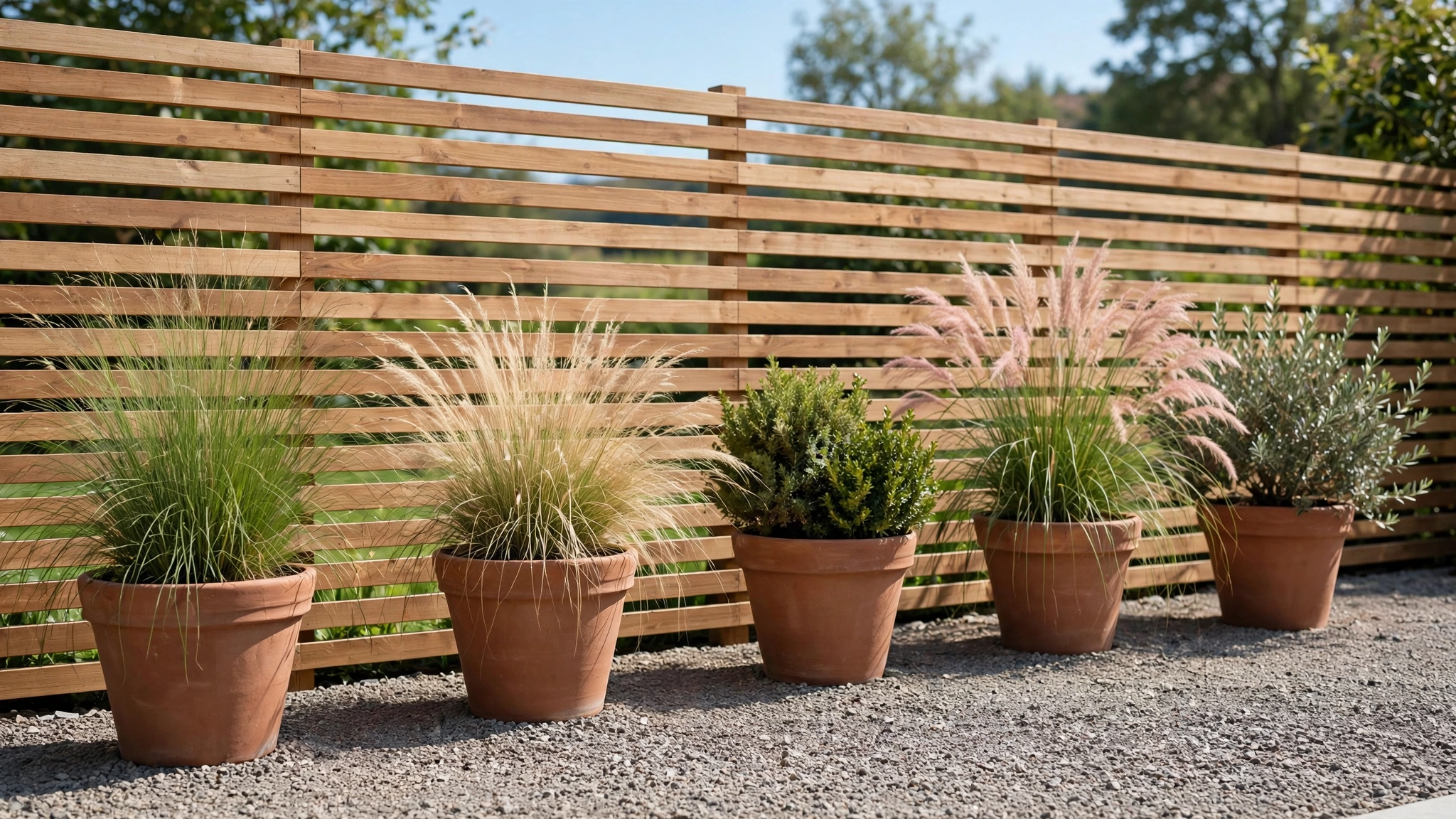 A modern gravel strip along a fence with large terracotta planters and ornamental plants.