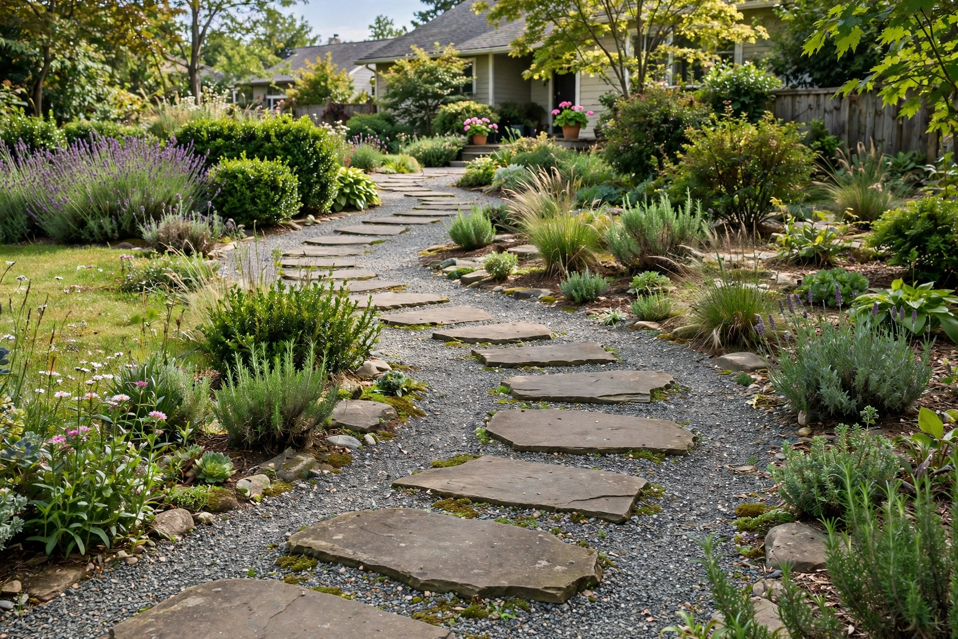 Gravel garden path with flat stepping stones winding through a front yard.