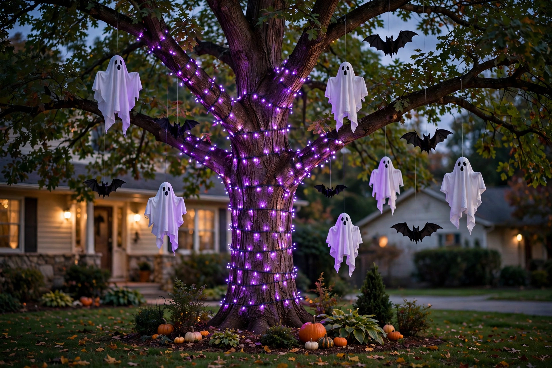 Large tree with hanging white ghosts and bats on fishing line, lit with purple lights.
