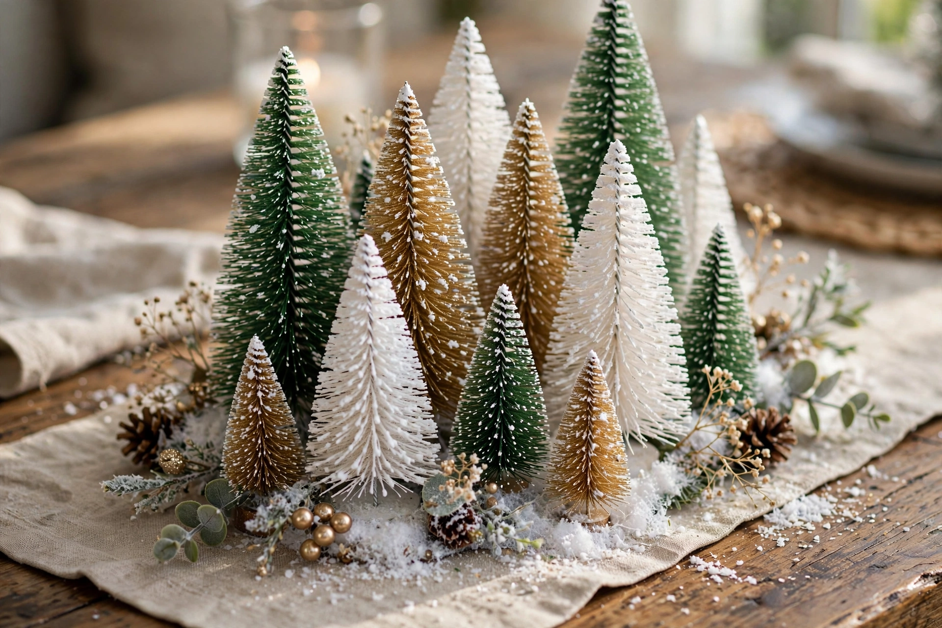 Cluster of mini bottle-brush Christmas trees in green, white, and gold with faux snow.