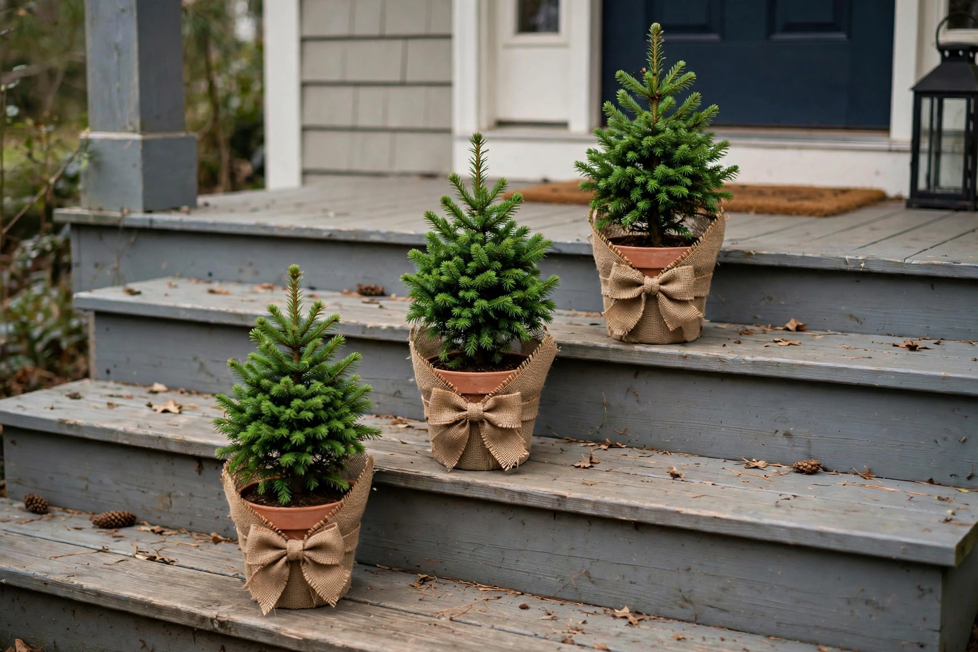 Three potted mini spruce trees with burlap bows lined on porch steps.