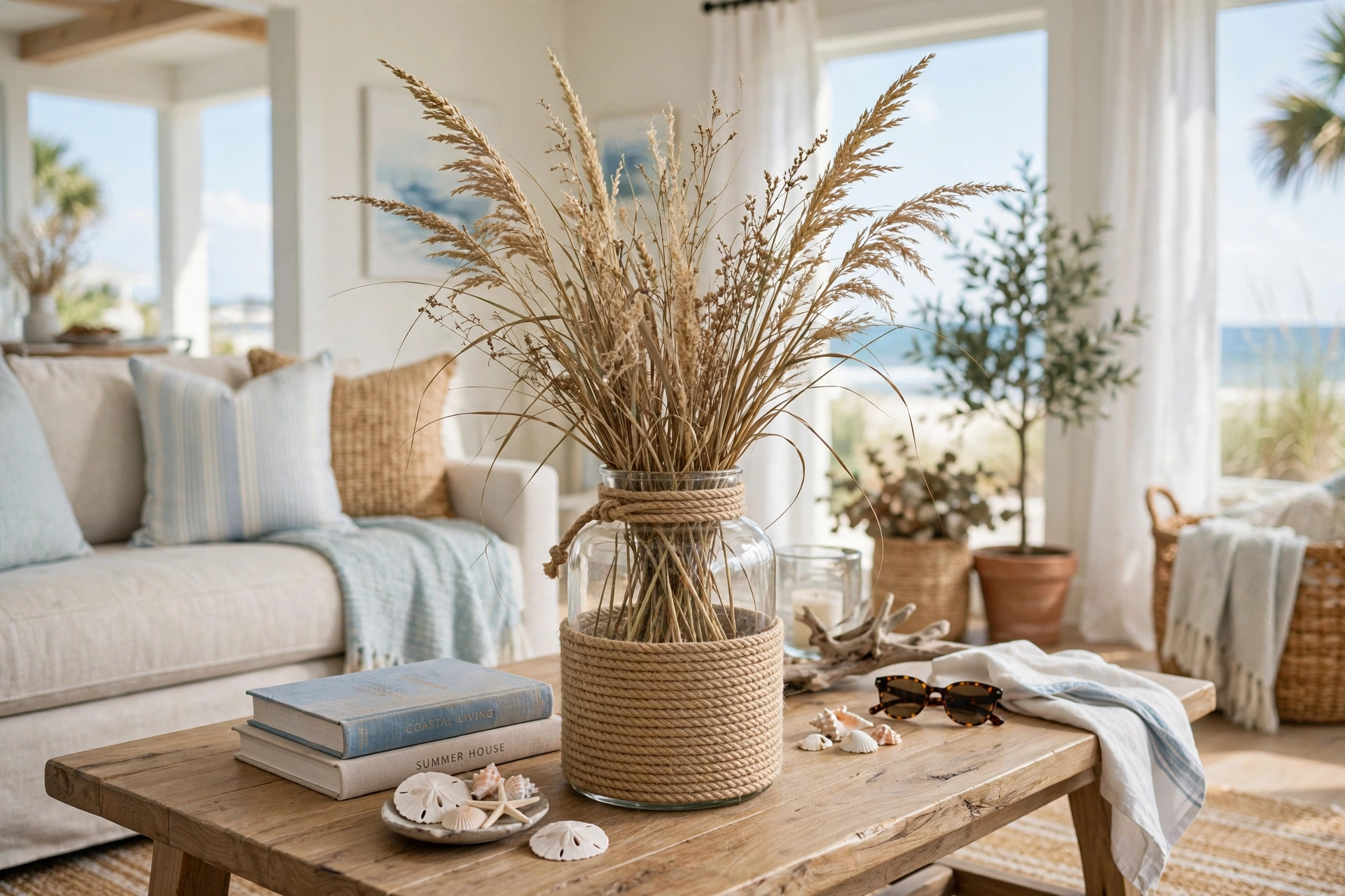 Rope-wrapped glass vase holding dried beach grass on a coffee table in a bright coastal living room.