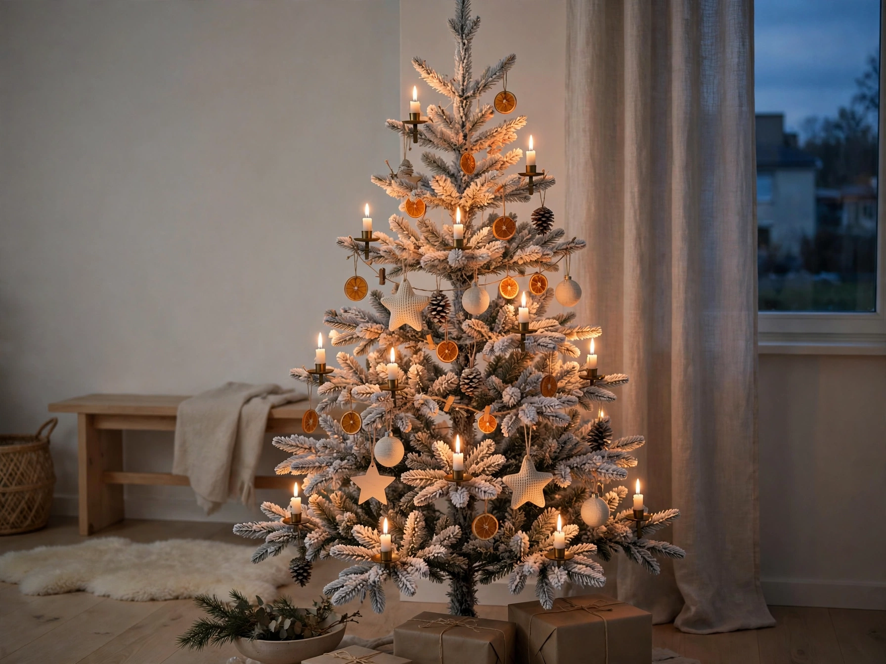 Nordic white Christmas tree with lit candles among the branches and simple ornaments