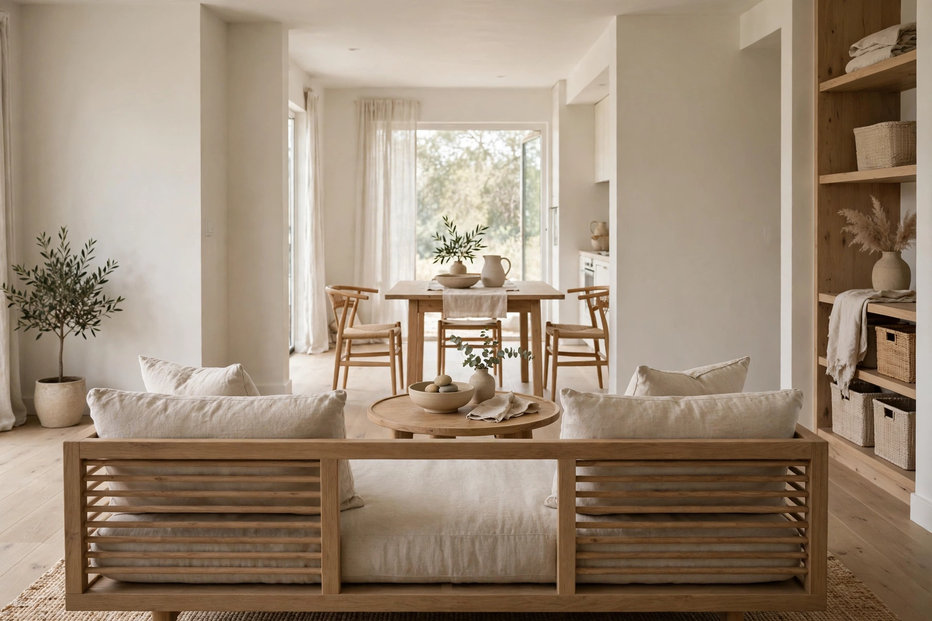 Open-back low-profile sofa facing away from a dining table in a small open room.