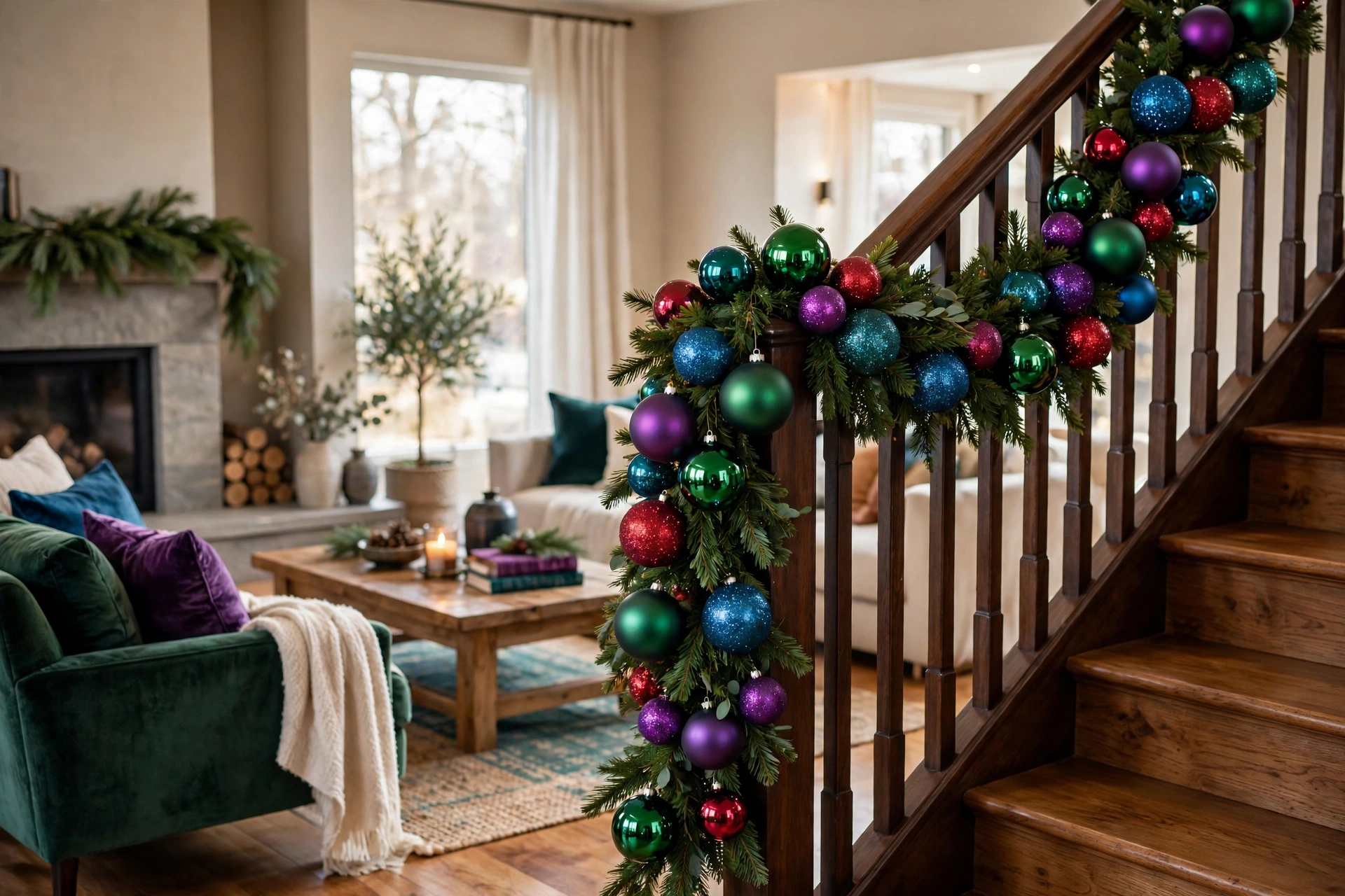 Christmas garland woven with colorful ornaments draped along a staircase railing.