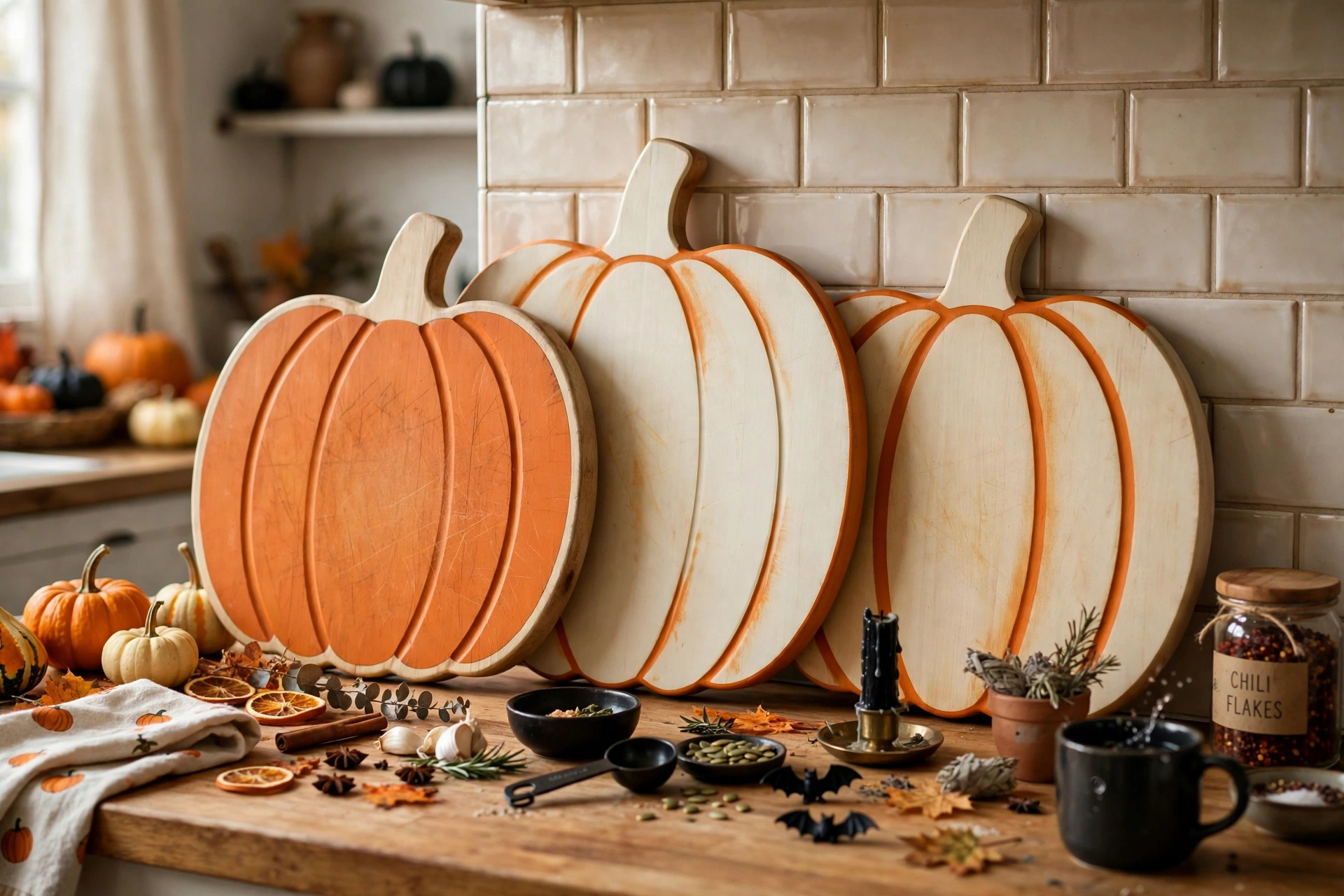 Pumpkin-shaped cutting boards in orange and cream leaning against a kitchen backsplash.