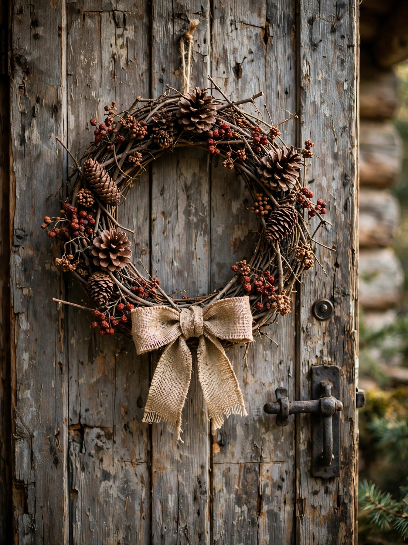 Rustic twig wreath decorated with pinecones, dried berries, and burlap ribbon on a weathered wood apartment door.
