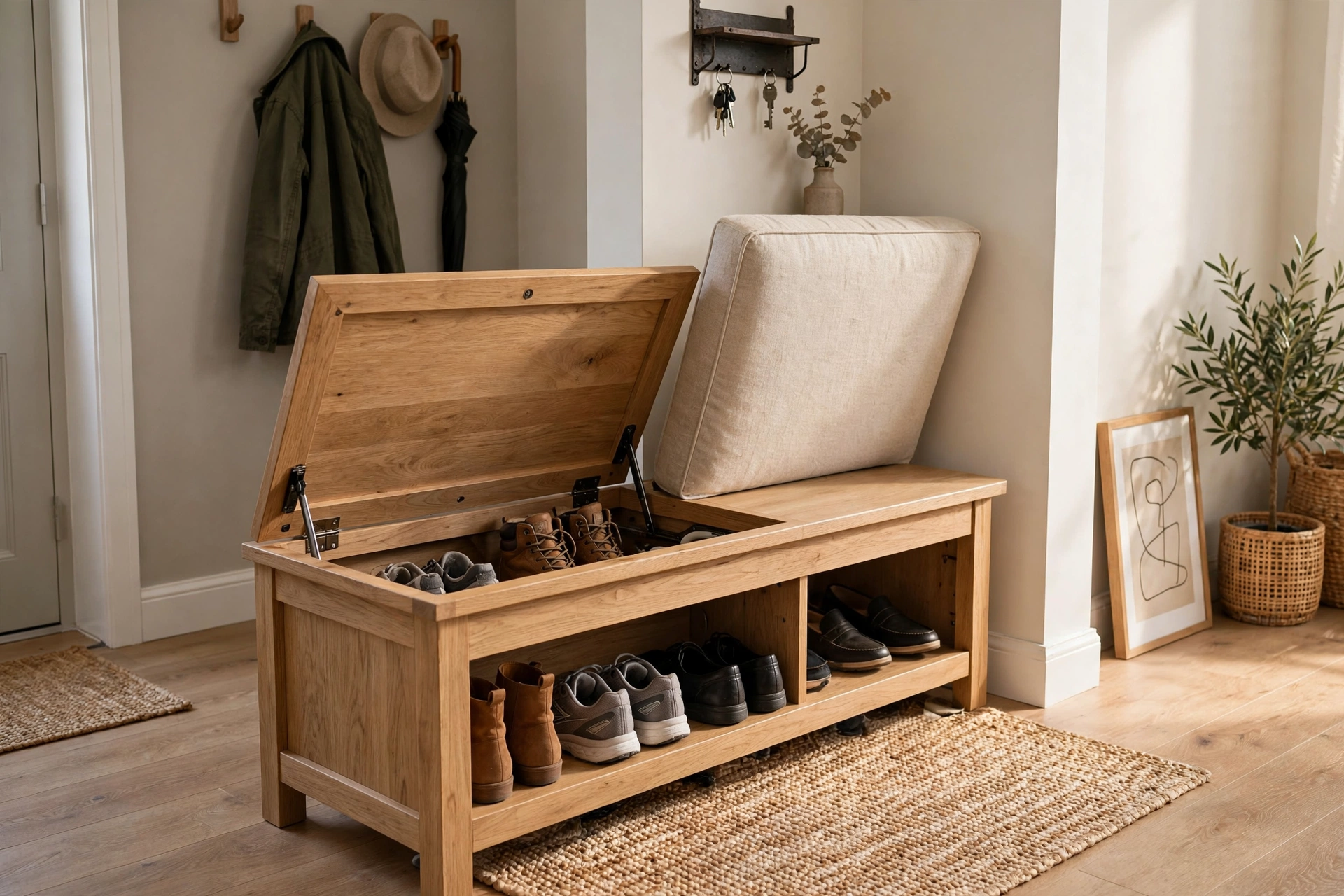 Shoe bench with hidden storage — drop zone idea