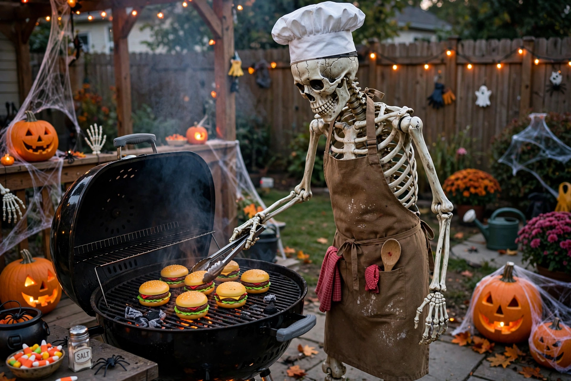 Skeleton in apron and chef hat grilling plastic burgers on a backyard grill.