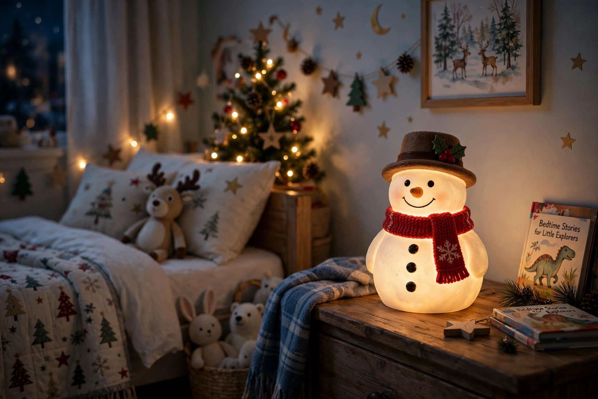 Snowman night light — Christmas bedroom idea for kids