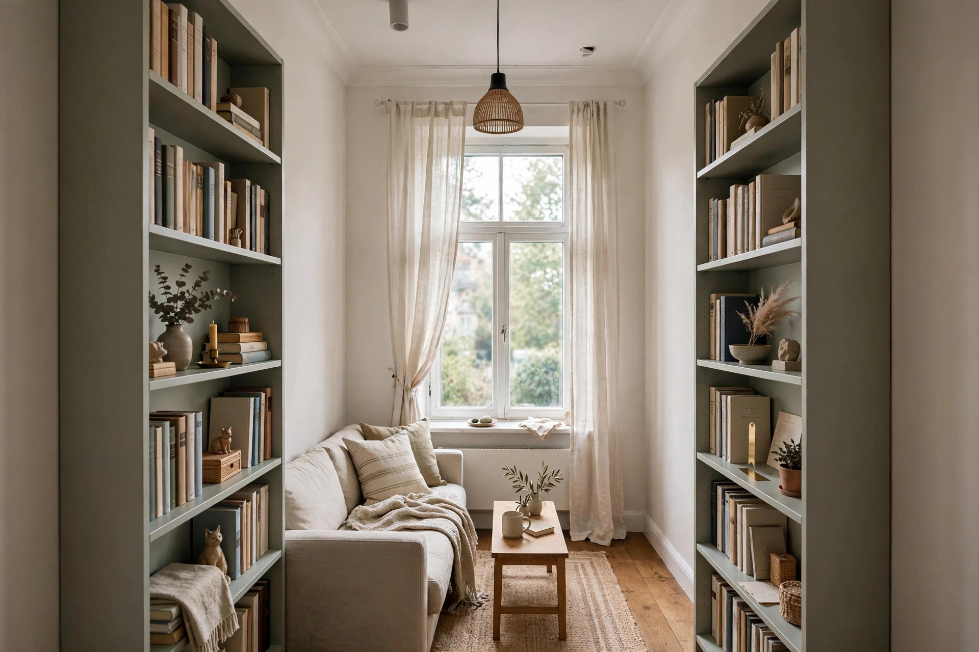 Tall narrow bookcases — narrow living room idea