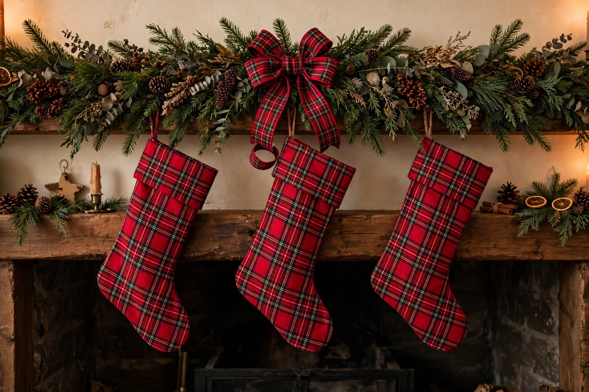 Red tartan plaid stockings hung on an evergreen garland-covered mantel with a plaid bow.