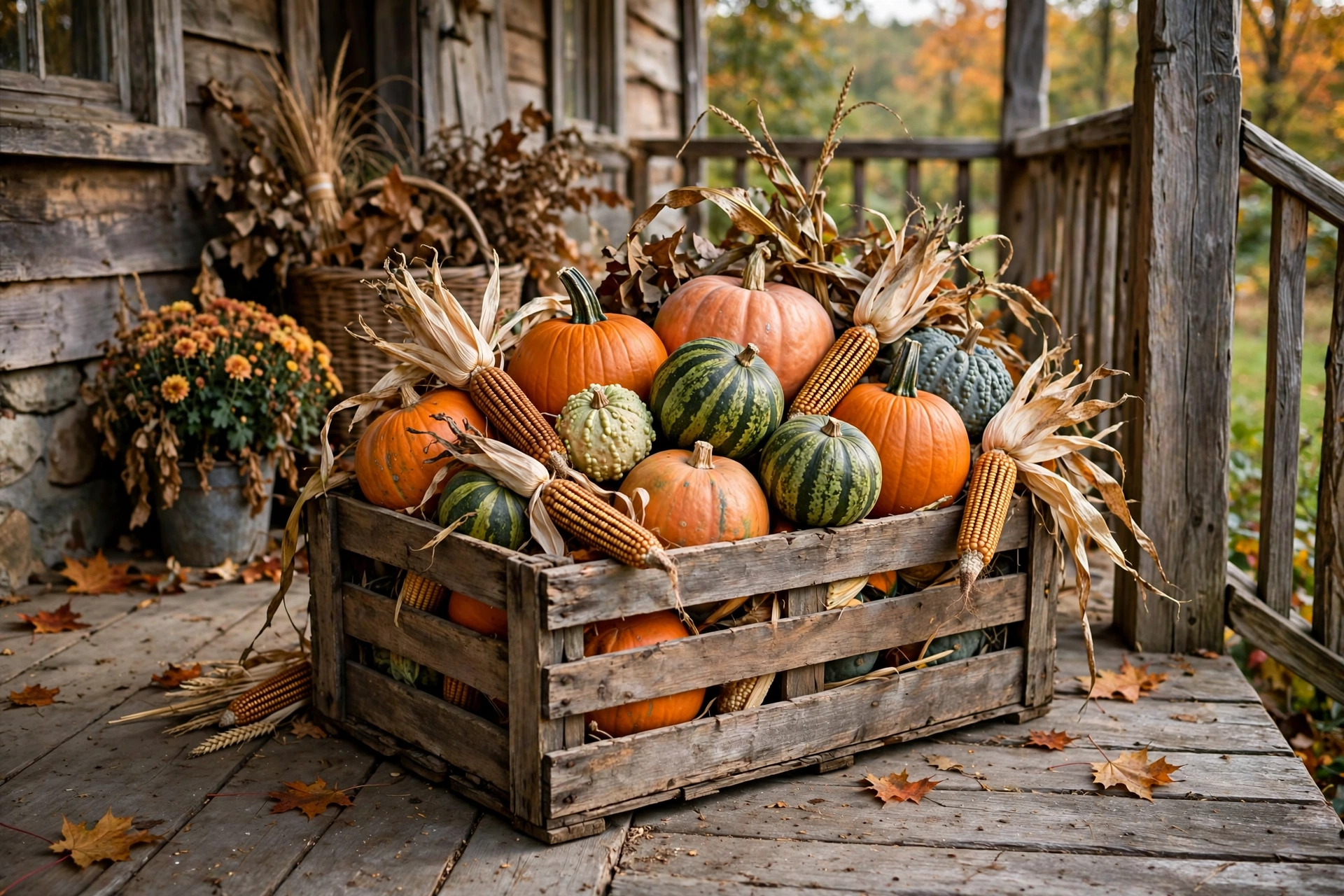 Weathered wooden crate filled with pumpkins, gourds, and dried corn.