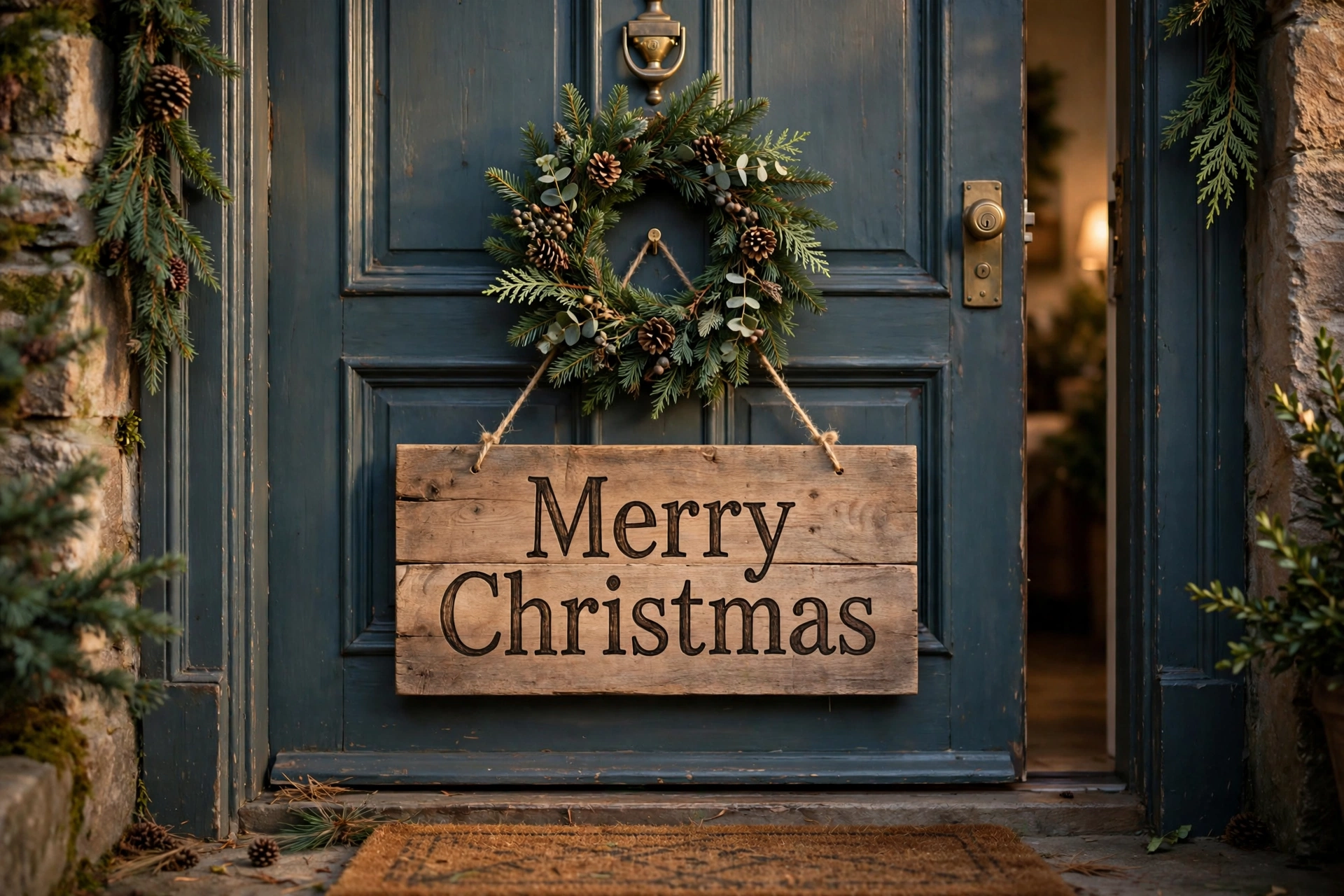 Wooden Merry Christmas sign on the door — Christmas door idea