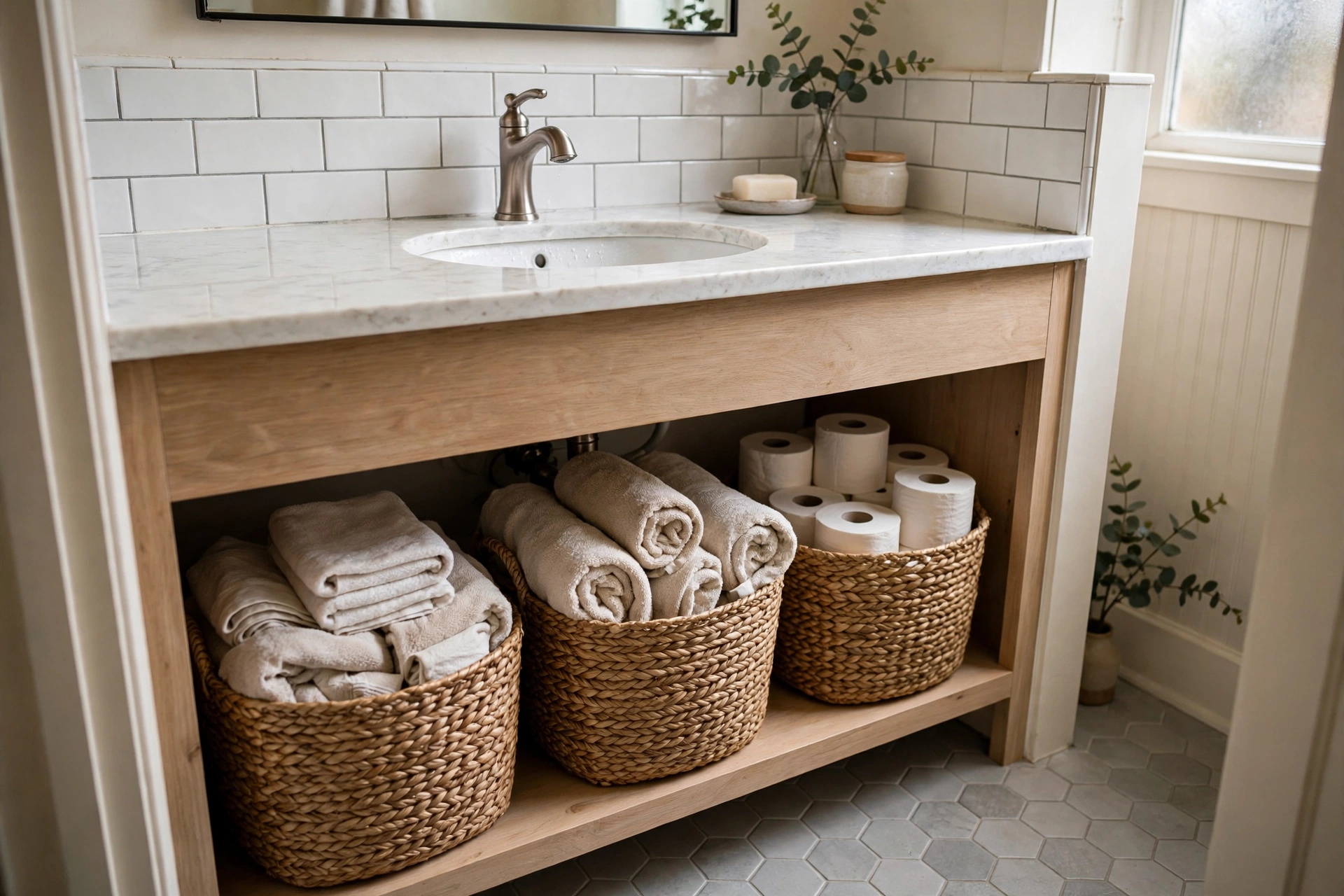 Woven seagrass baskets tucked under an open bathroom vanity in a small bathroom holding towels and toilet paper, realistic photo, no text