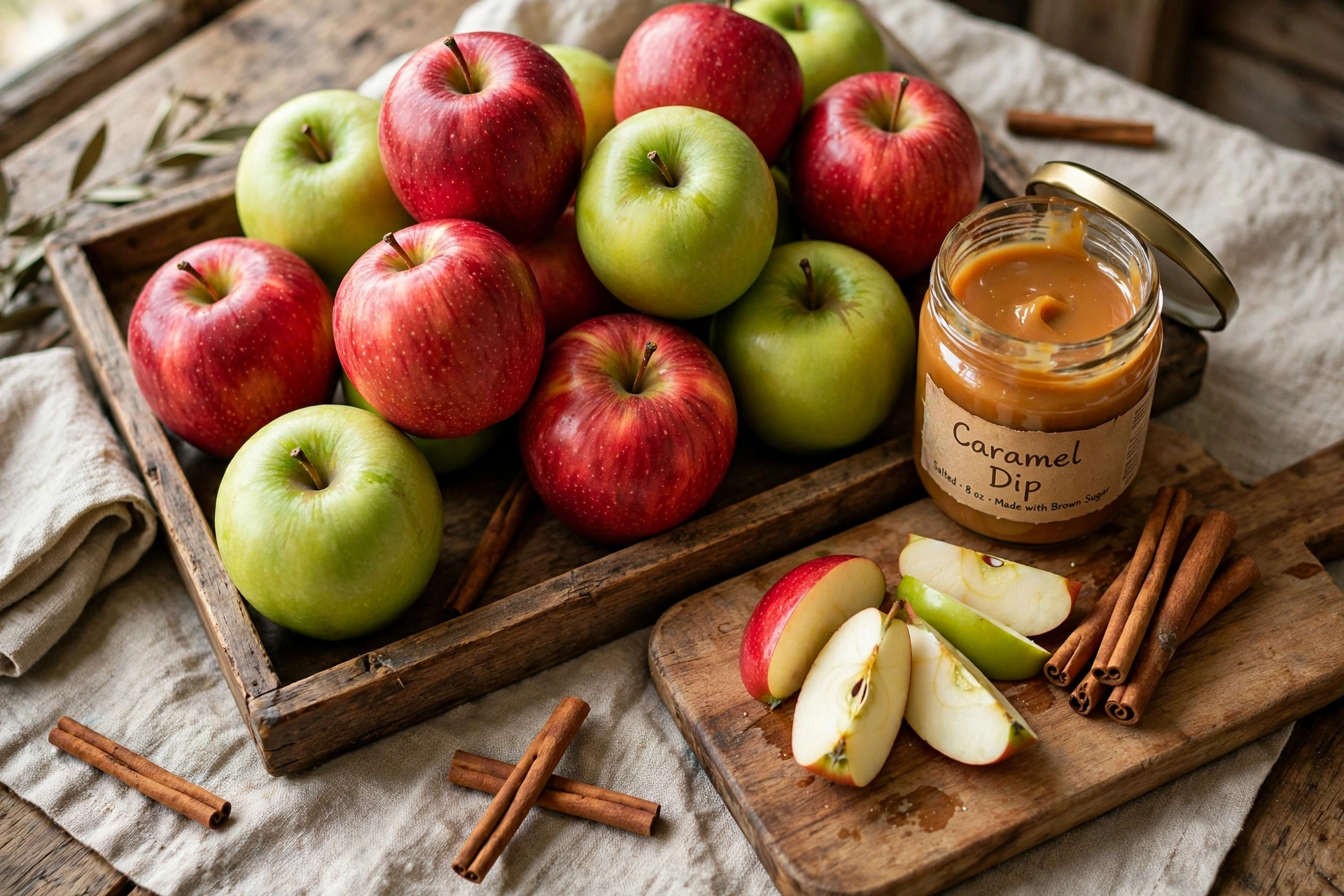 Tray piled with red and green apples, a cutting board, caramel dip jar, and cinnamon sticks.