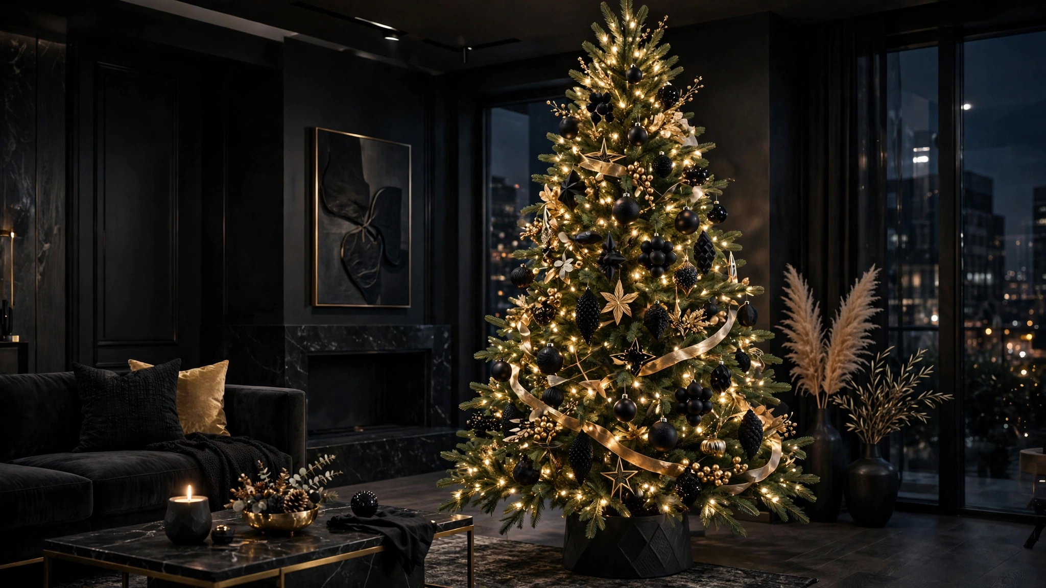 modern black and gold Christmas tree with dramatic dark ornaments in a contemporary room