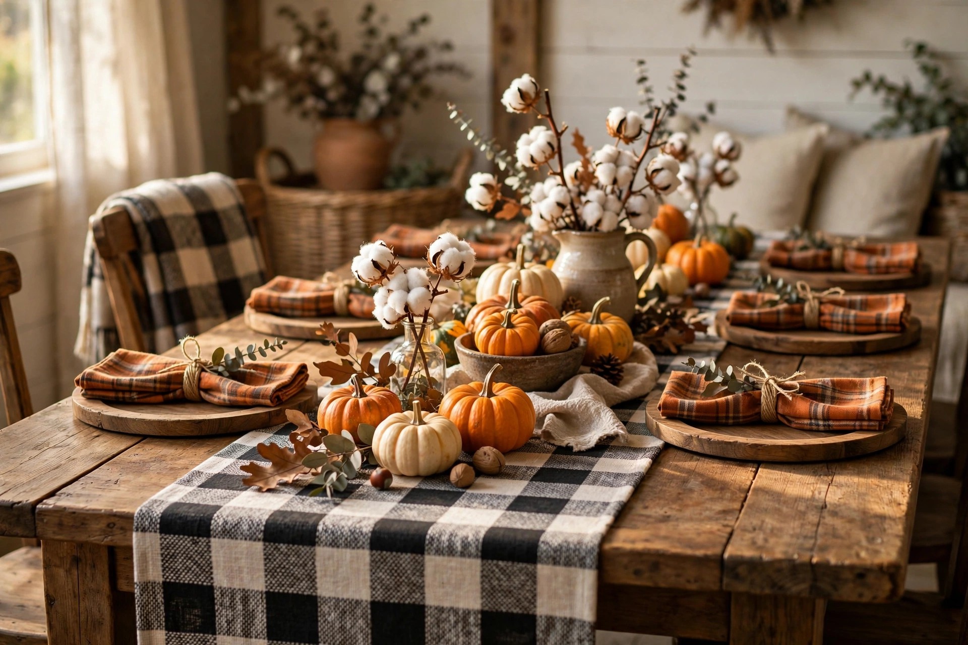 Buffalo check farmhouse — Thanksgiving centerpiece idea