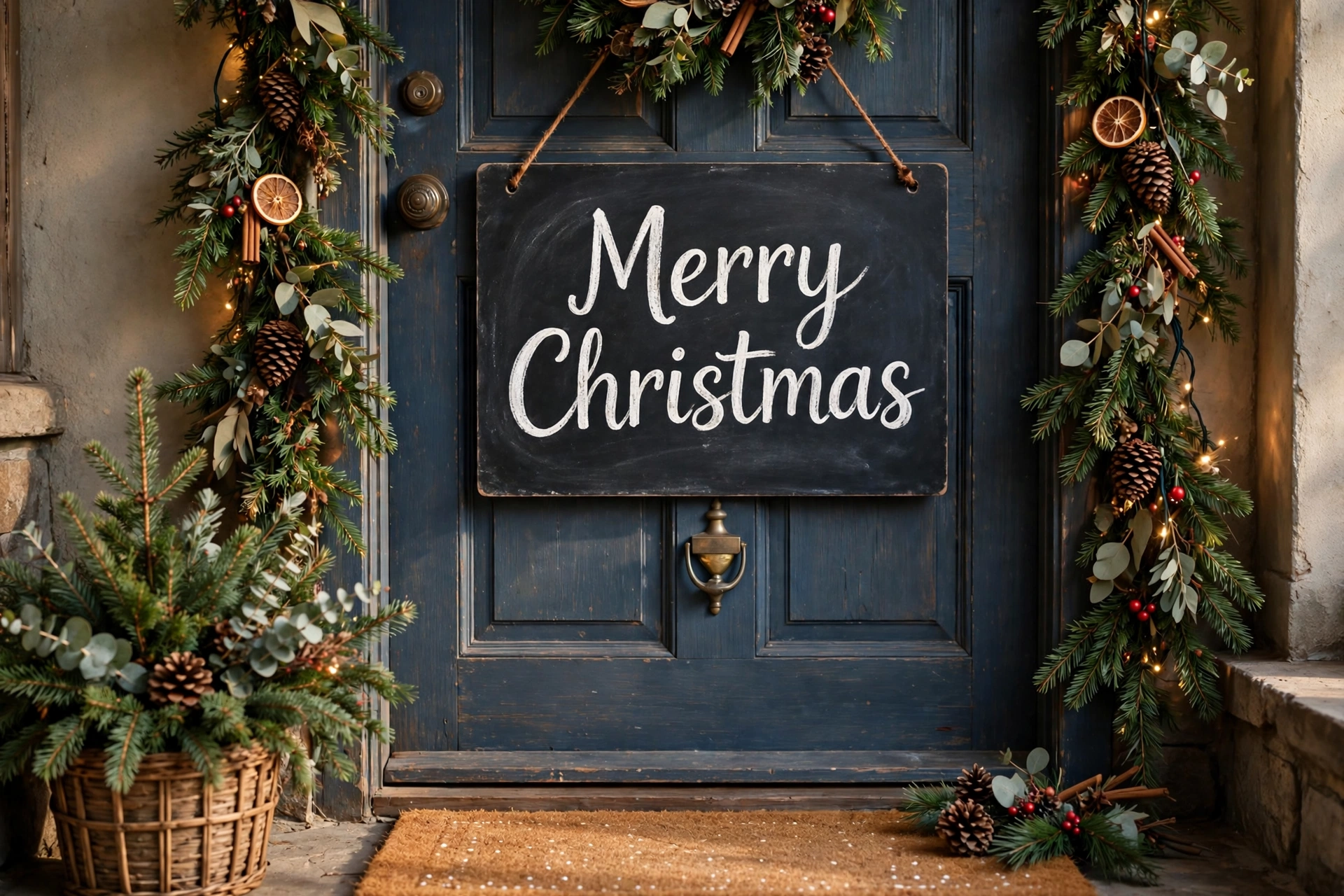 Chalkboard door sign with hand lettering — Christmas door idea