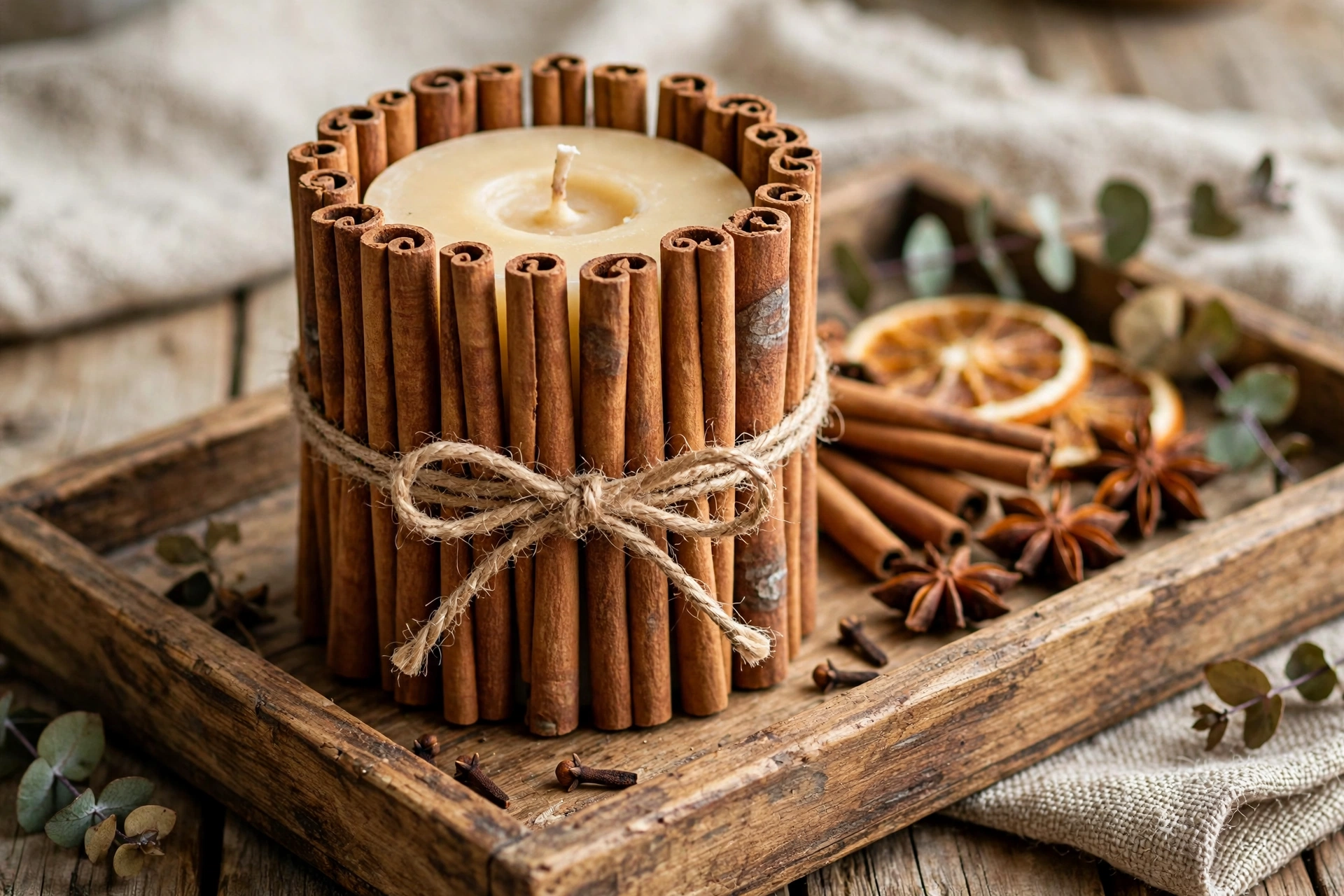 Pillar candle wrapped in vertical cinnamon sticks tied with jute twine on a wooden tray.