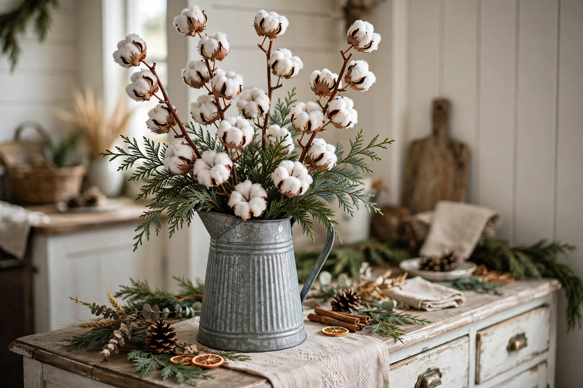 Galvanized metal pitcher filled with tall white cotton stems on a farmhouse sideboard.