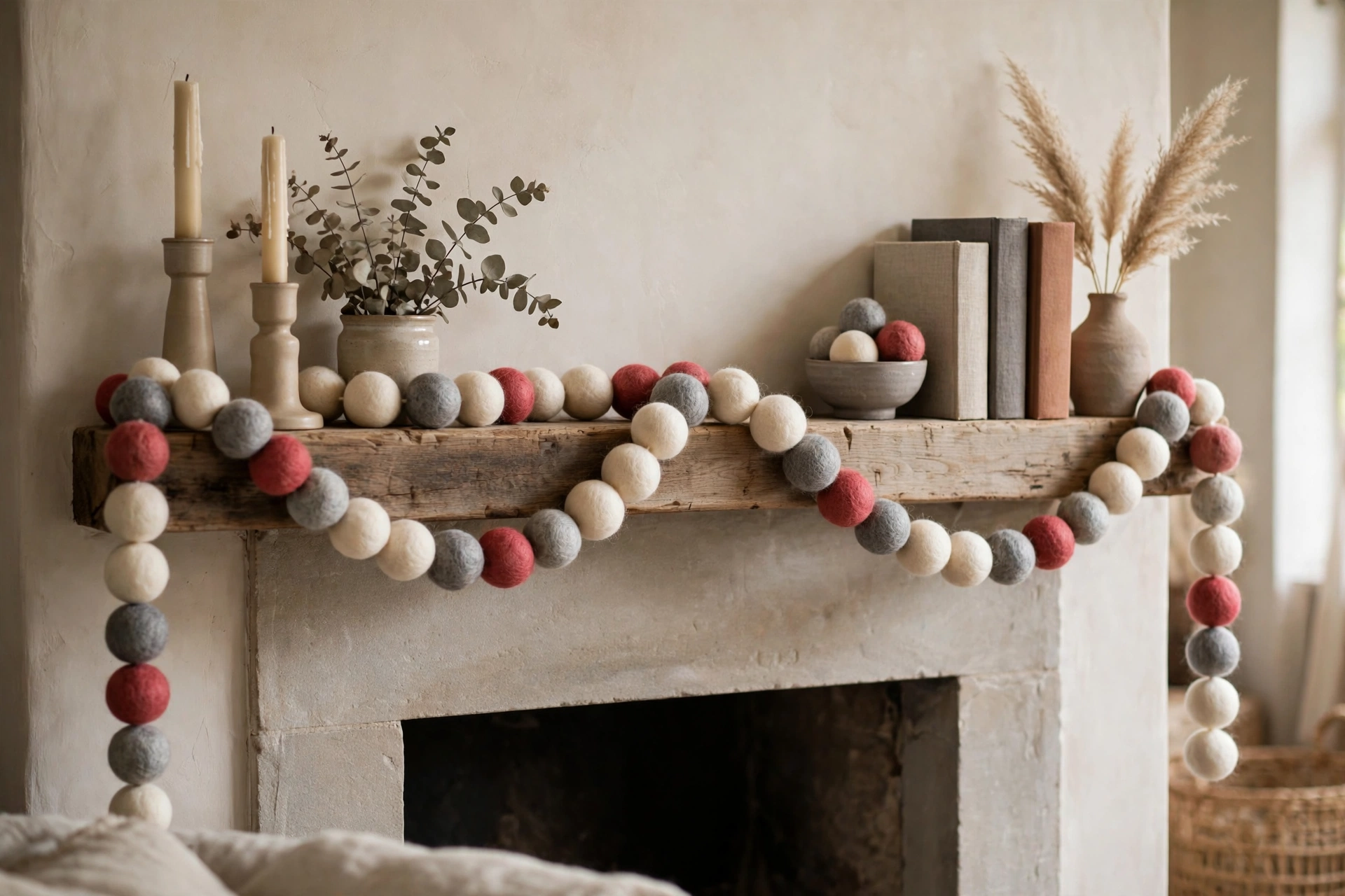 Wool felt ball garland in cream, grey and soft red draped on a mantel.