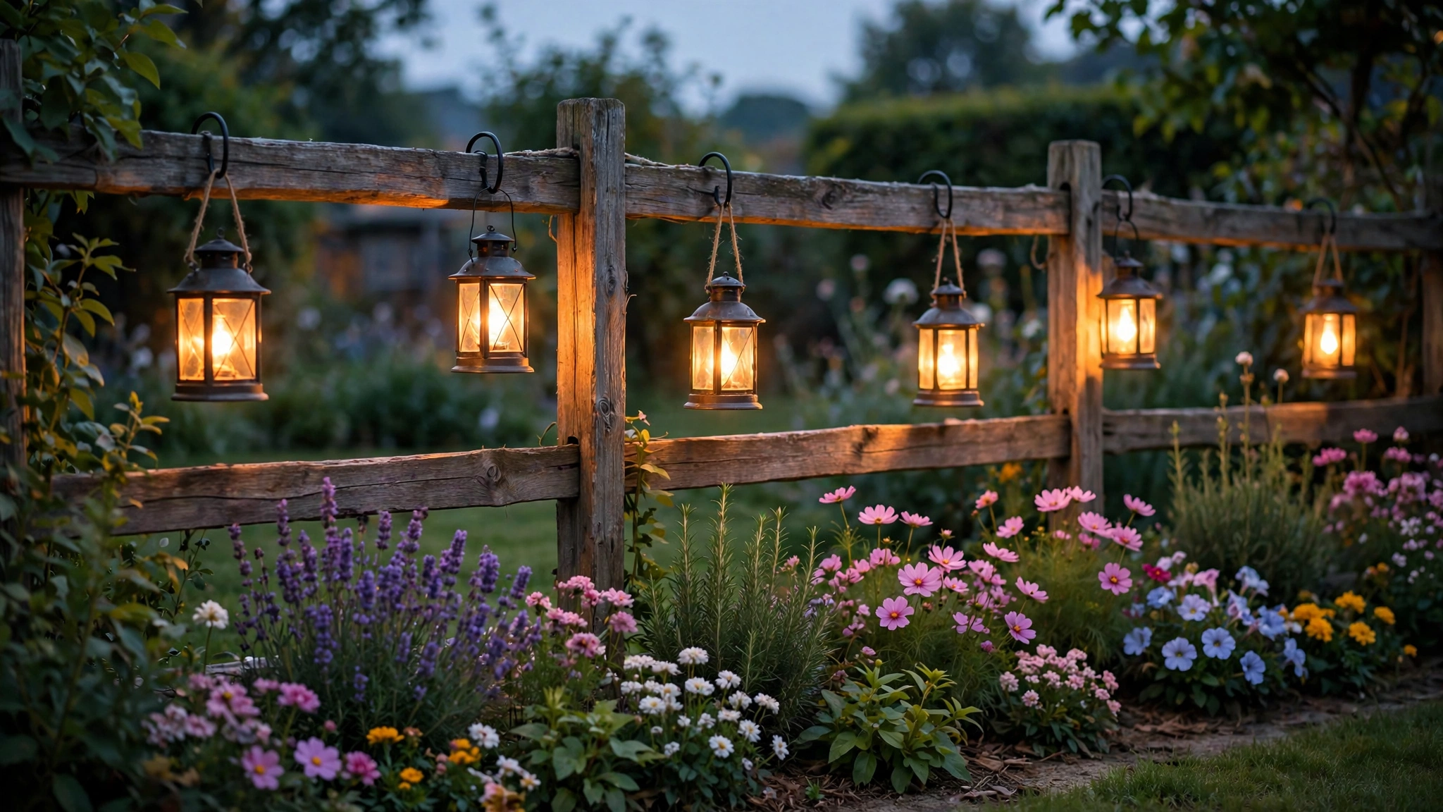 Glowing outdoor lanterns hanging on a wooden fence above a flower border at dusk.