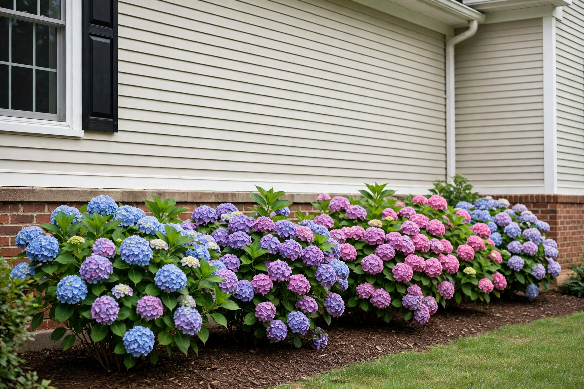 Row of blooming hydrangea shrubs planted along the foundation of a house.