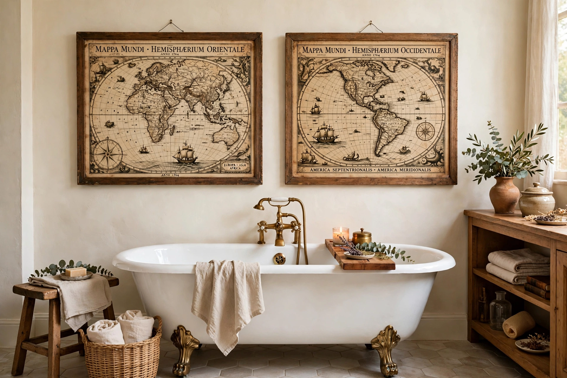 Two framed vintage world maps with aged paper tones hanging on a bathroom wall above a tub