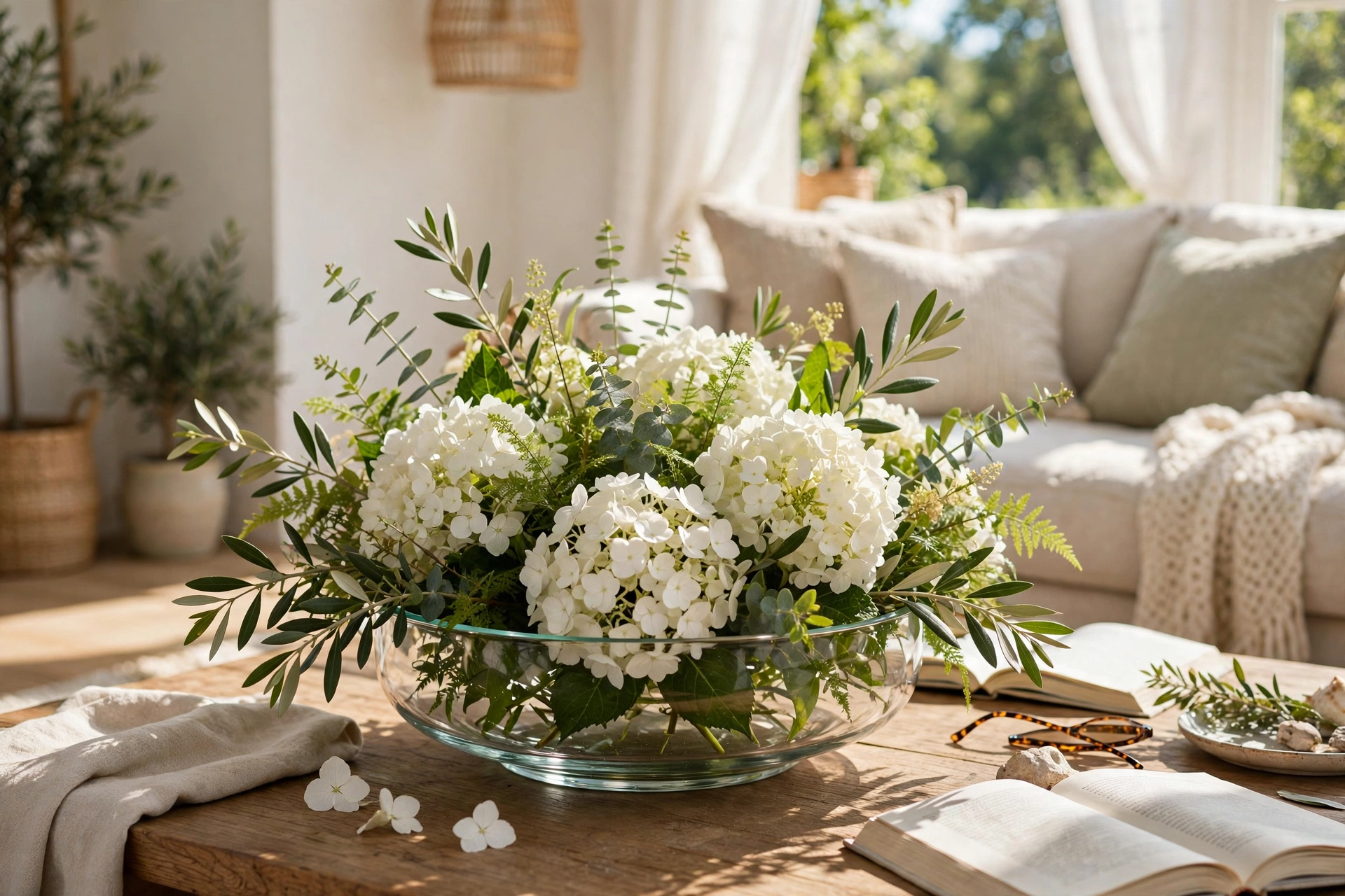 Low glass bowl filled with white hydrangeas and greenery on a coffee table in a sunlit living room.