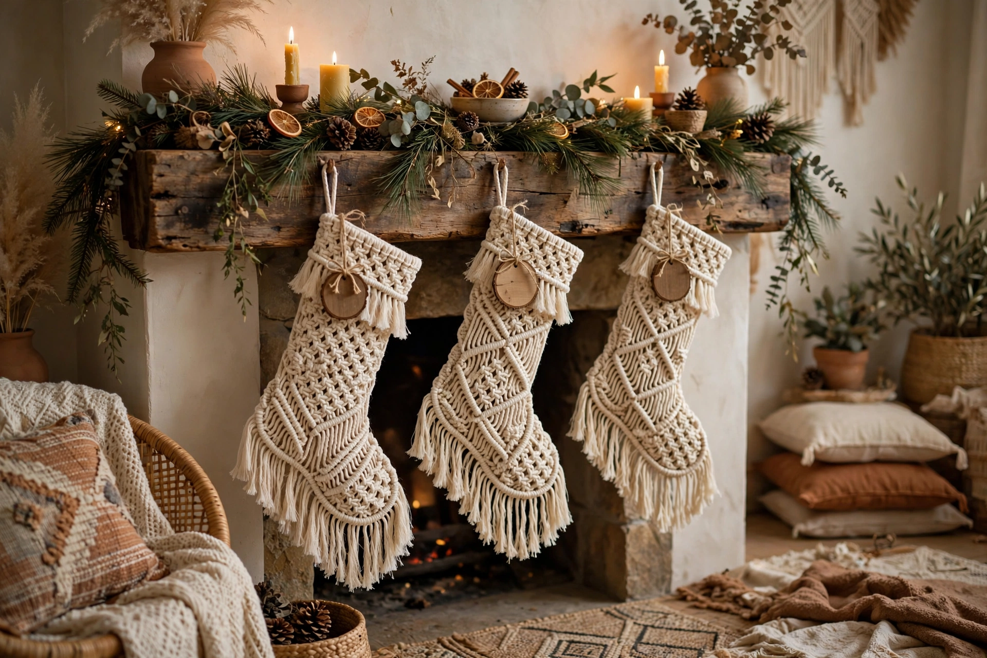 Fringed macrame Christmas stockings hanging from a wooden mantel