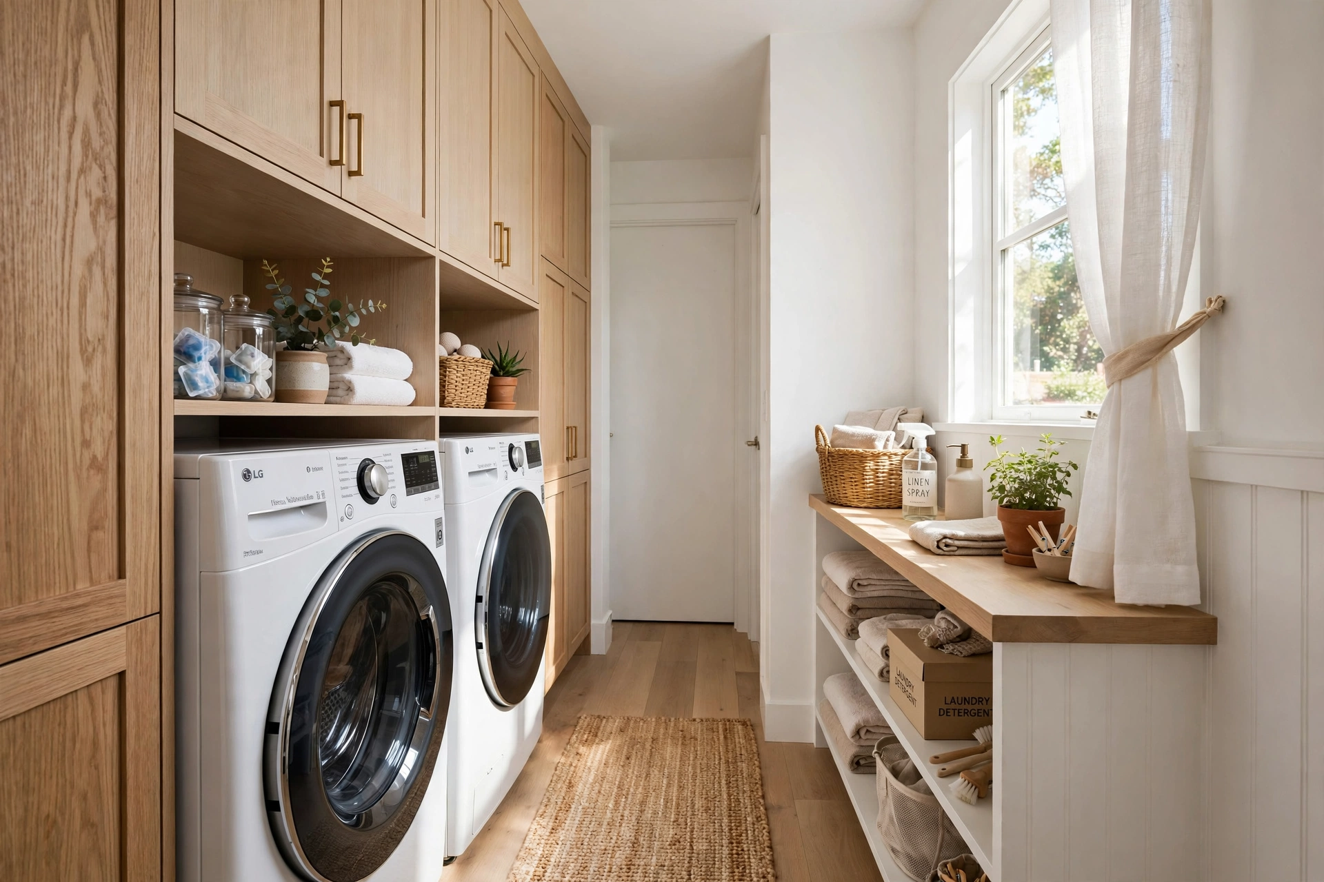 Galley-style single-wall layout — small narrow laundry room idea