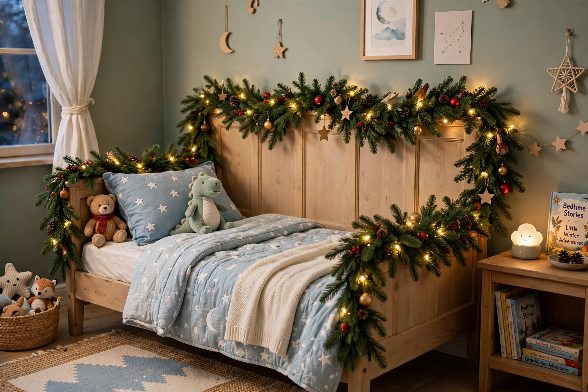 Garland headboard — Christmas bedroom idea for kids