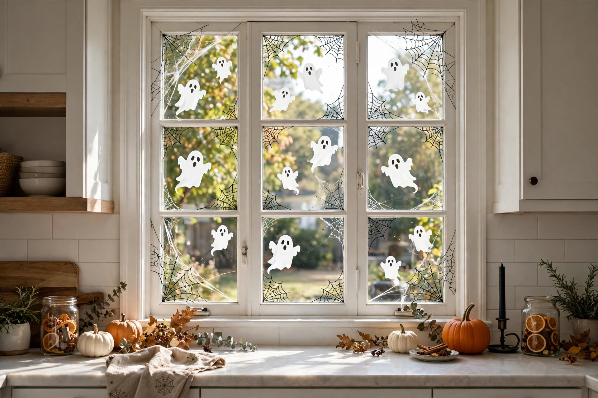 Kitchen window with white ghost clings and spiderweb decals catching daylight.