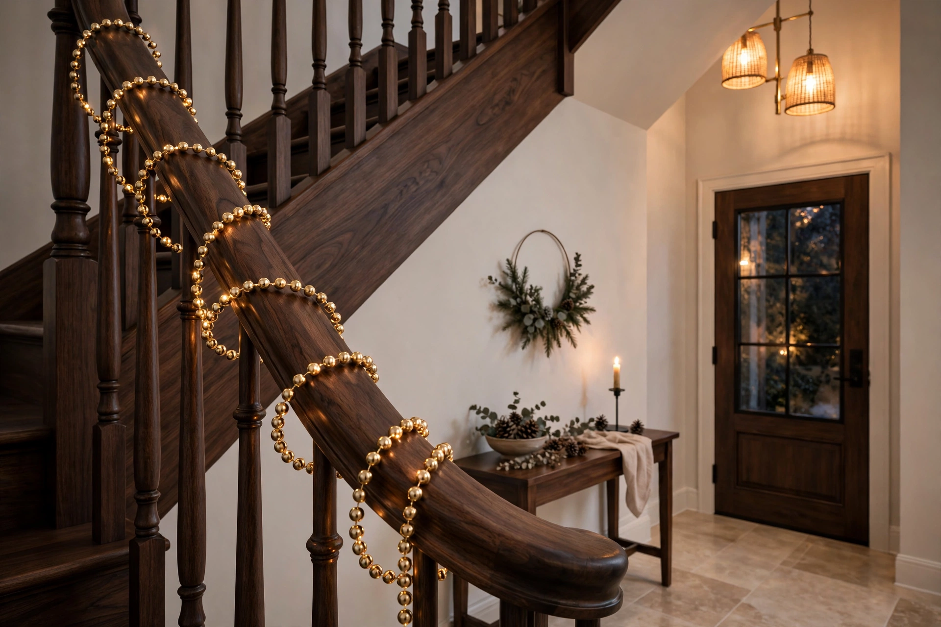 Gold bead garland spiraled elegantly around a dark wood staircase handrail.
