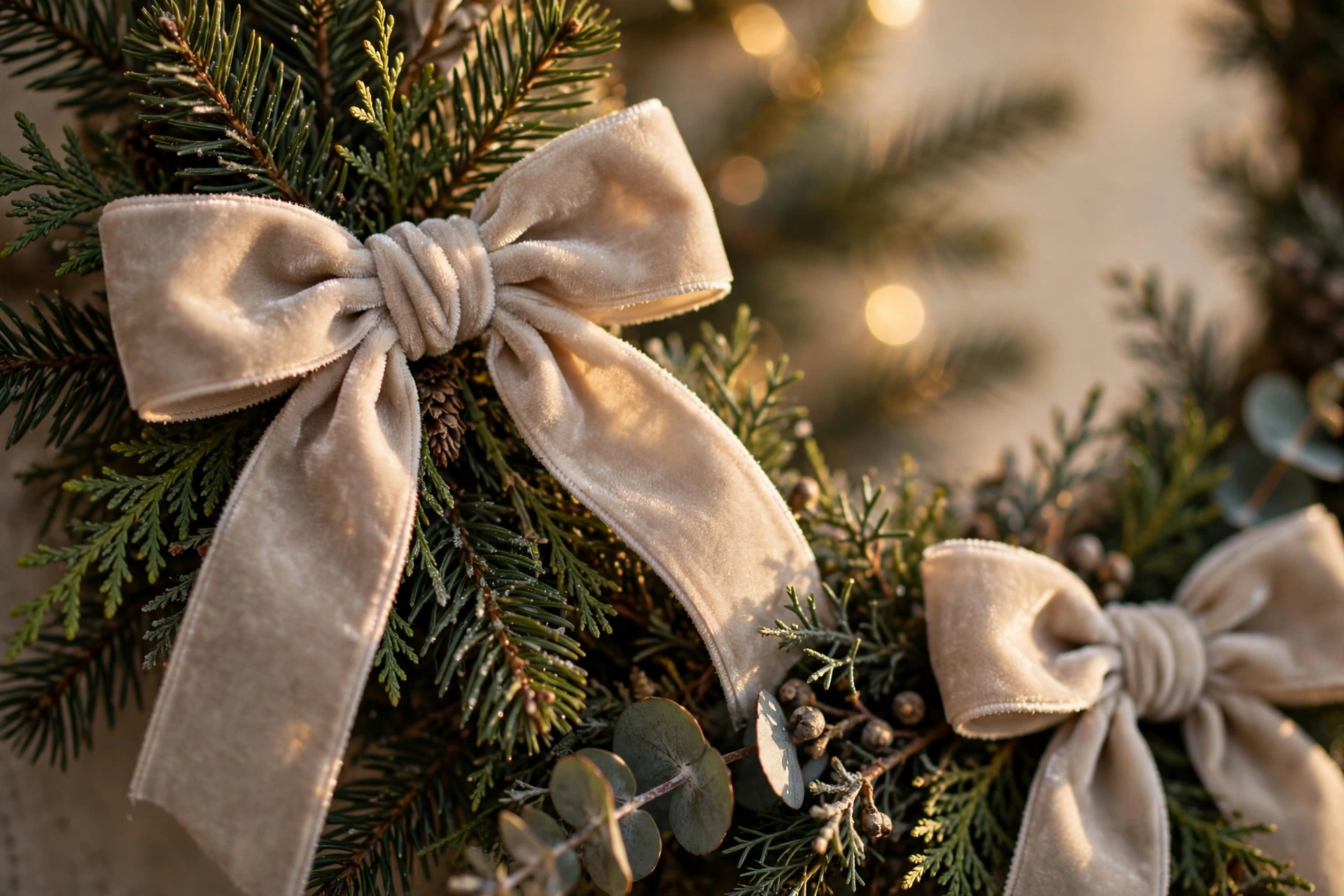 Greige velvet ribbon bows tied on Christmas tree branches and a wreath, close-up detail.