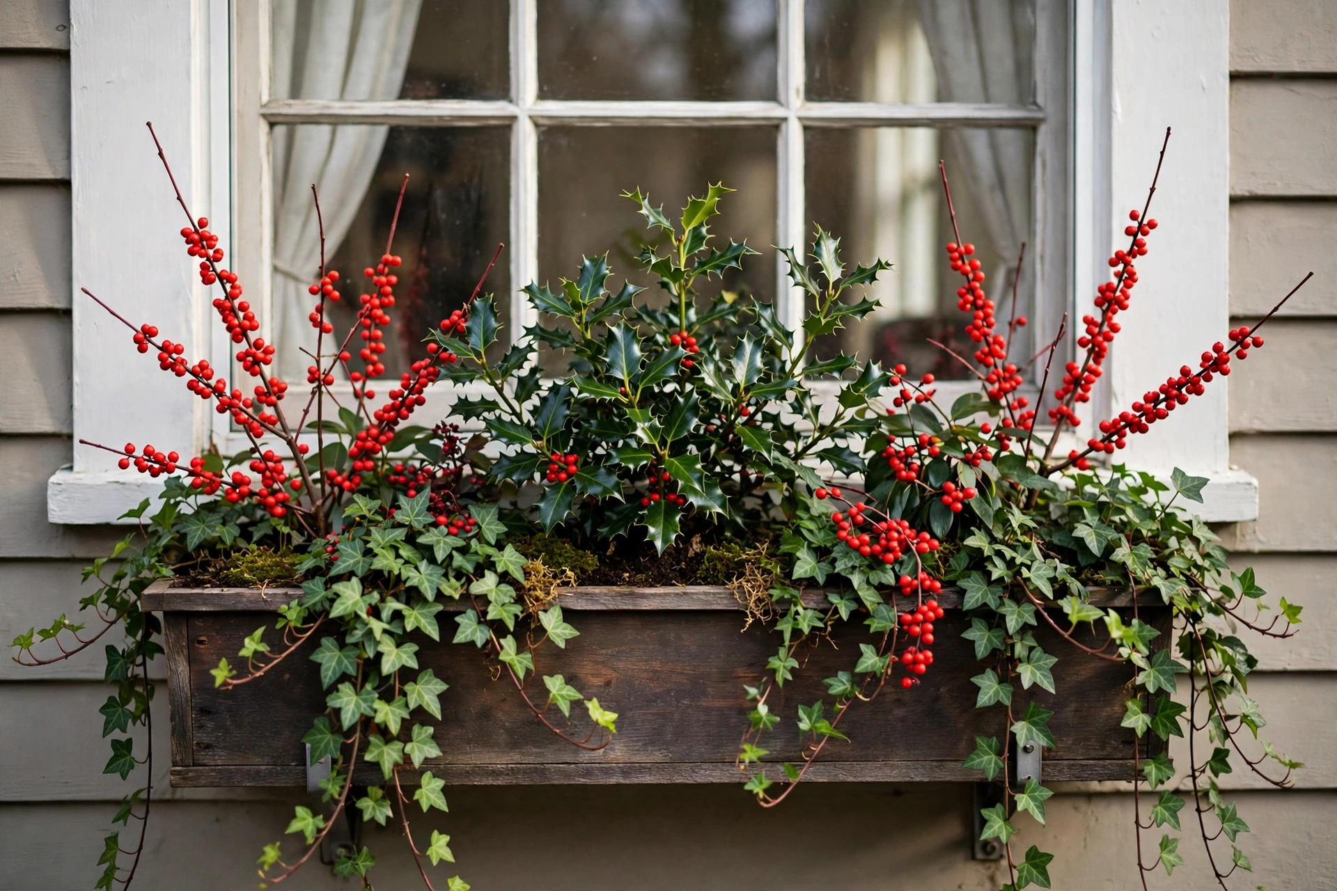 Window box with holly, trailing ivy and red winterberries under a front window.
