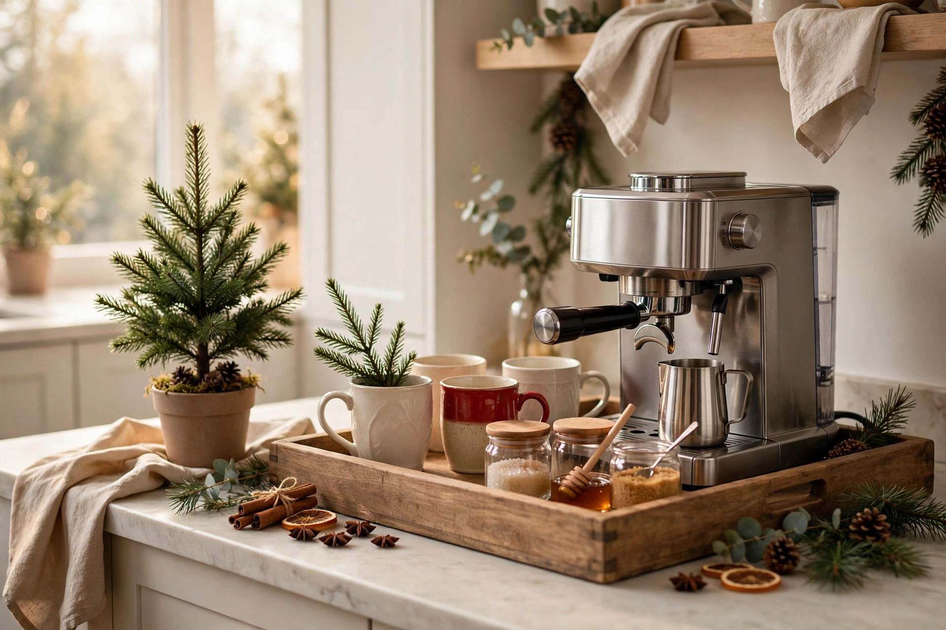 Kitchen counter coffee zone with tray, mugs and small potted pine