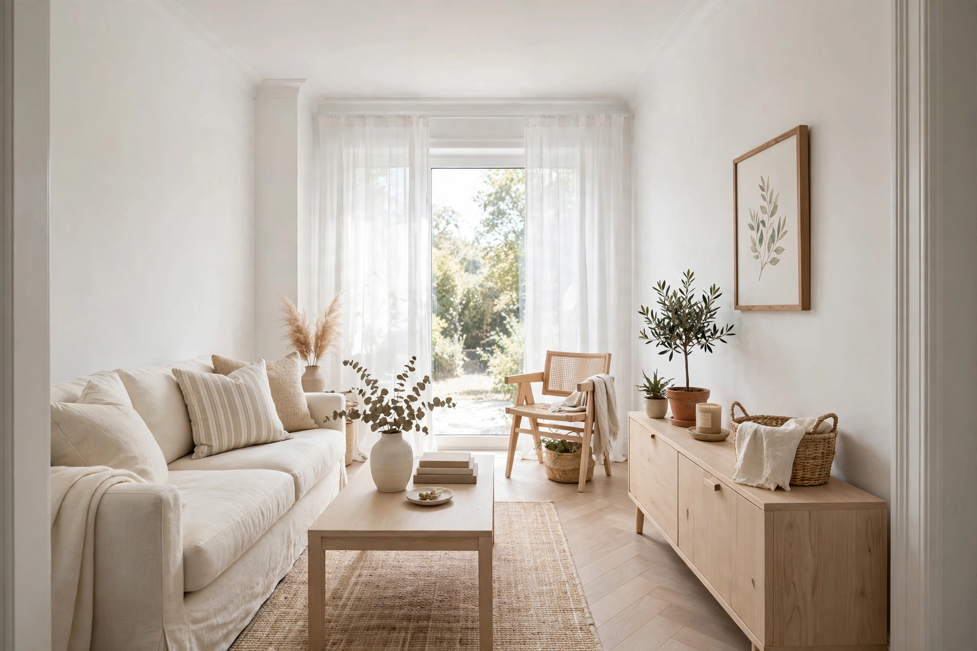 Light airy color palette — narrow living room idea