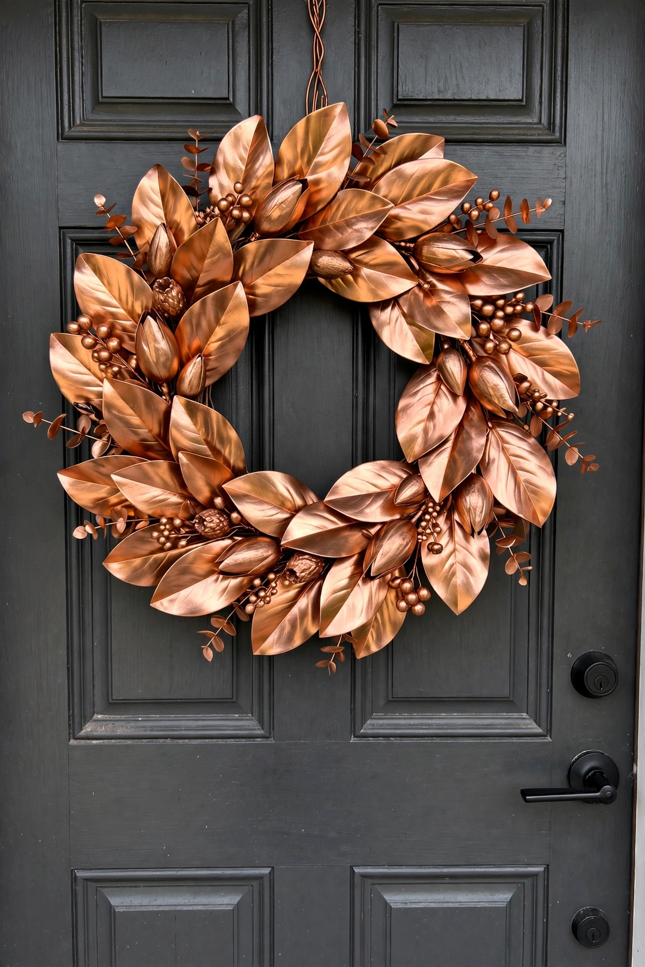 Metallic copper magnolia leaf wreath shimmering on a charcoal front door.