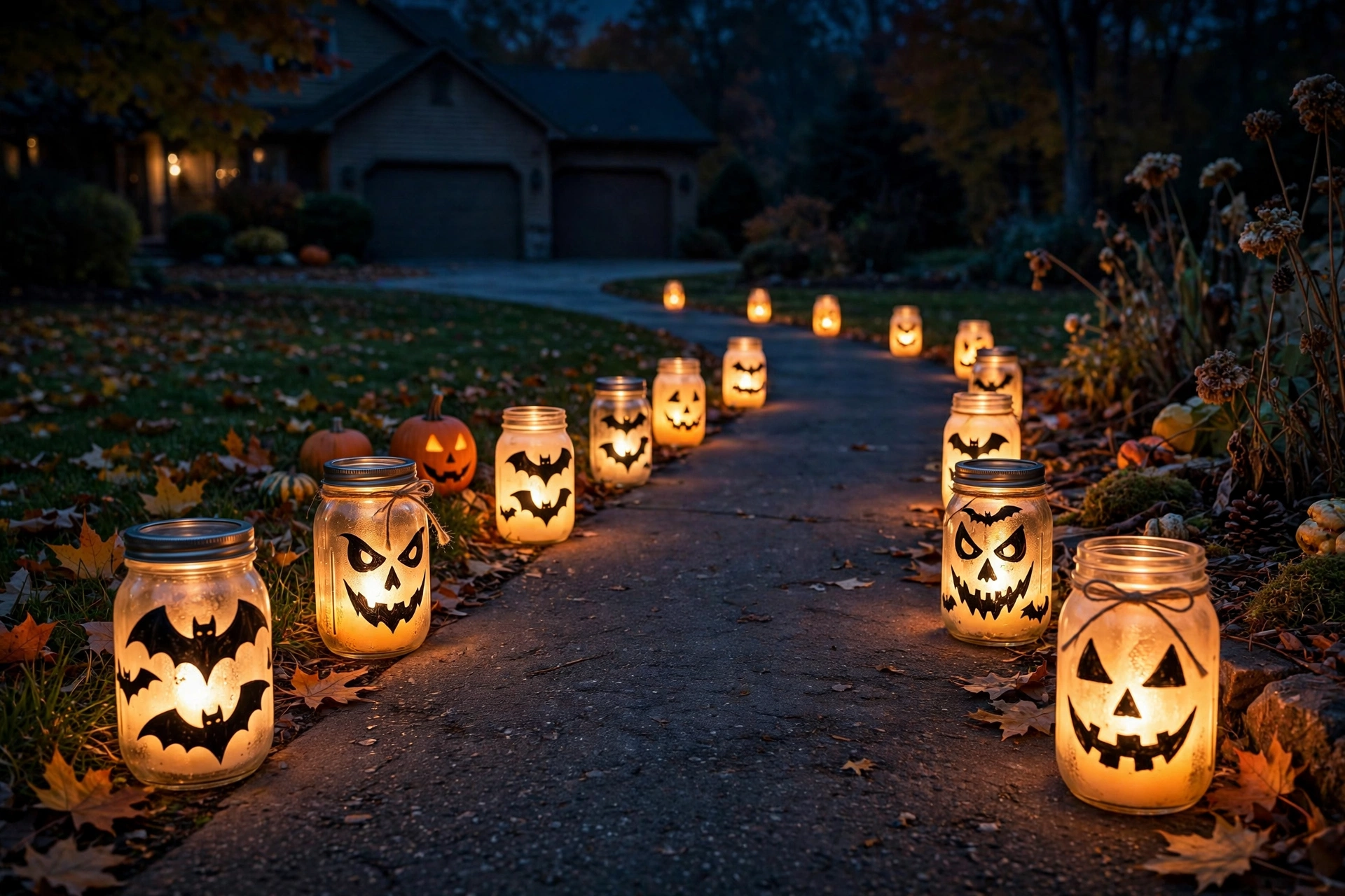 Mason jars with painted bats and faces glowing along a driveway path at night.