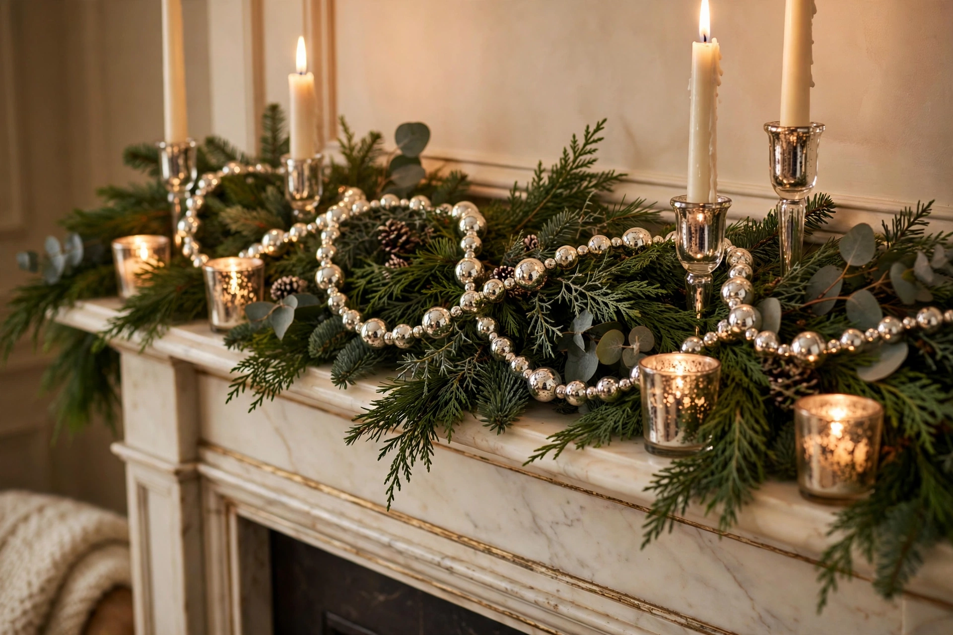 Mercury glass bead garland woven through green evergreens on a glam mantel with candles.