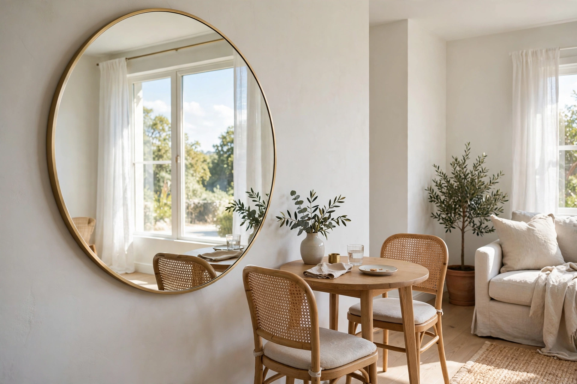Large round mirror on the wall beside a dining table reflecting window light.