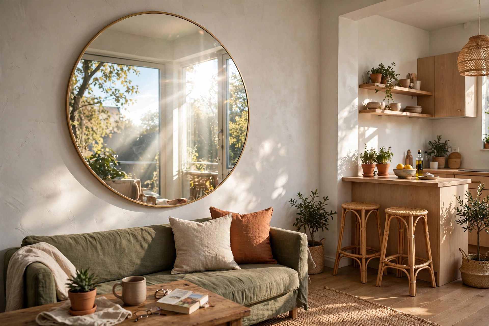 Large round mirror on the wall reflecting light in a small open plan living area.