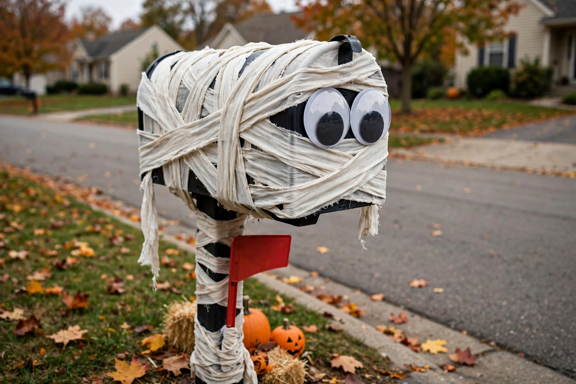 Mailbox wrapped in white mummy bandages with giant googly eyes on a suburban street.