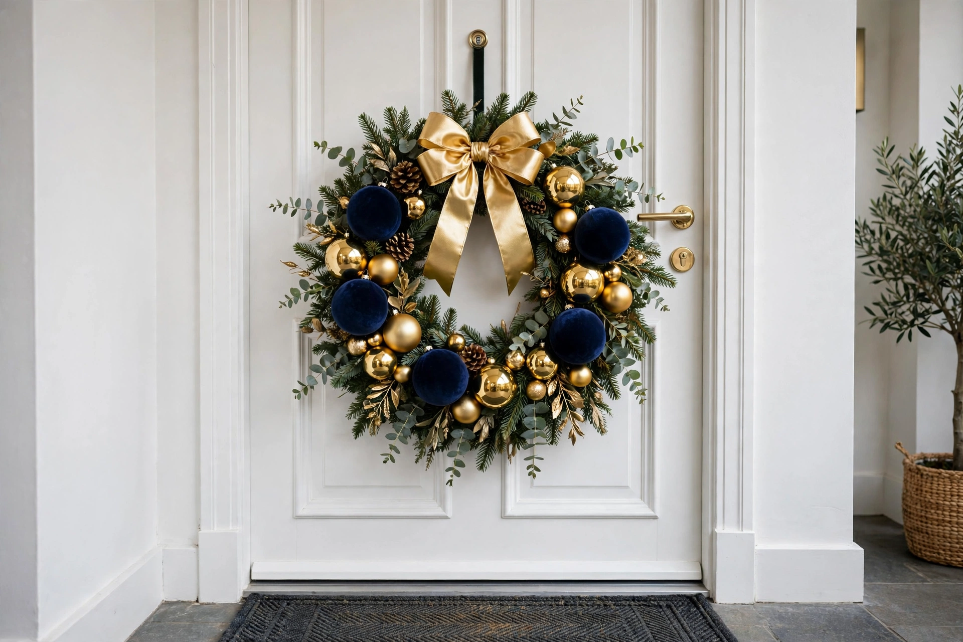 Glamorous Christmas wreath with navy velvet ornaments, gold baubles, and gold ribbon on a white apartment door.