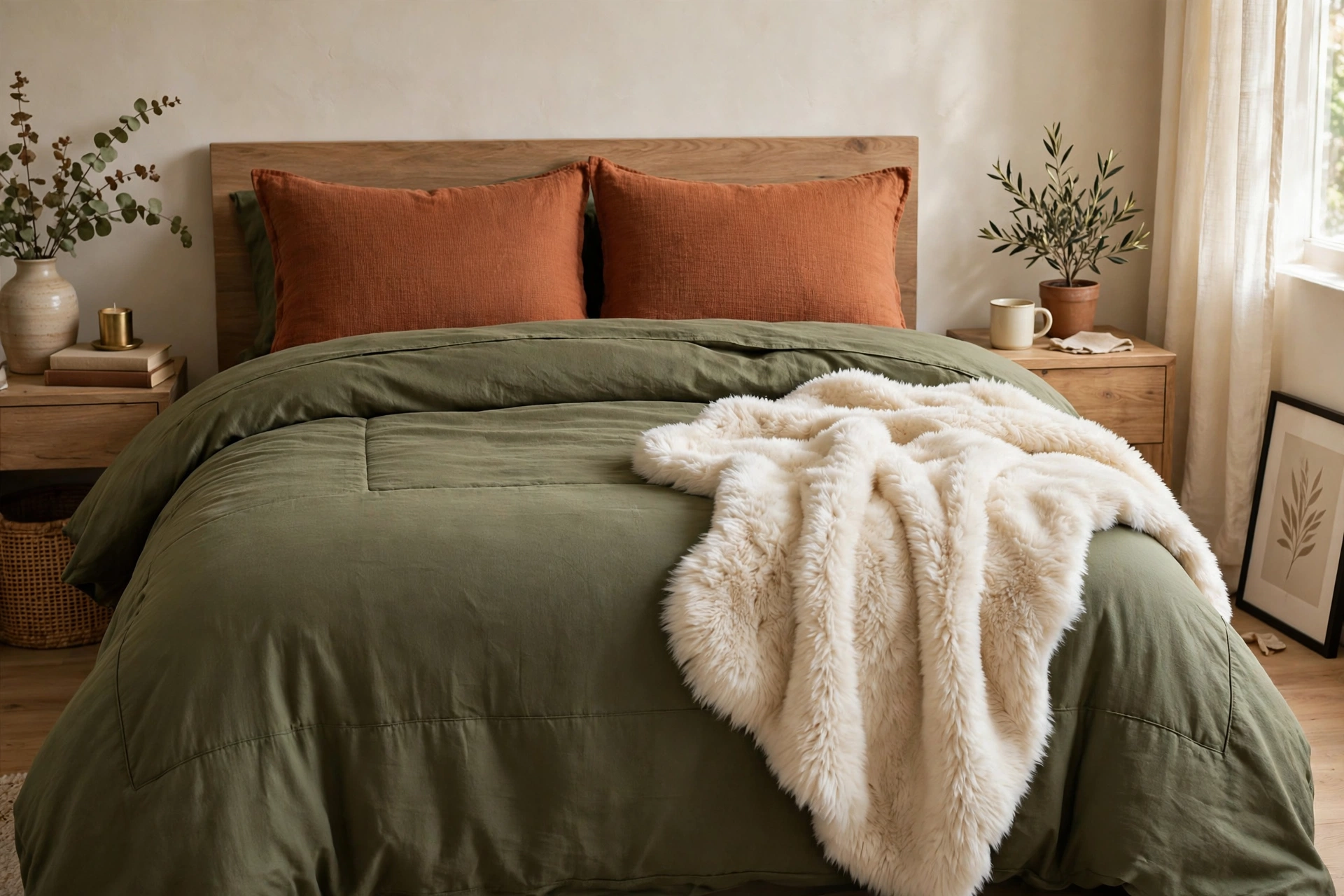 Olive green duvet with rust pillows and a cream faux fur throw on a bed.